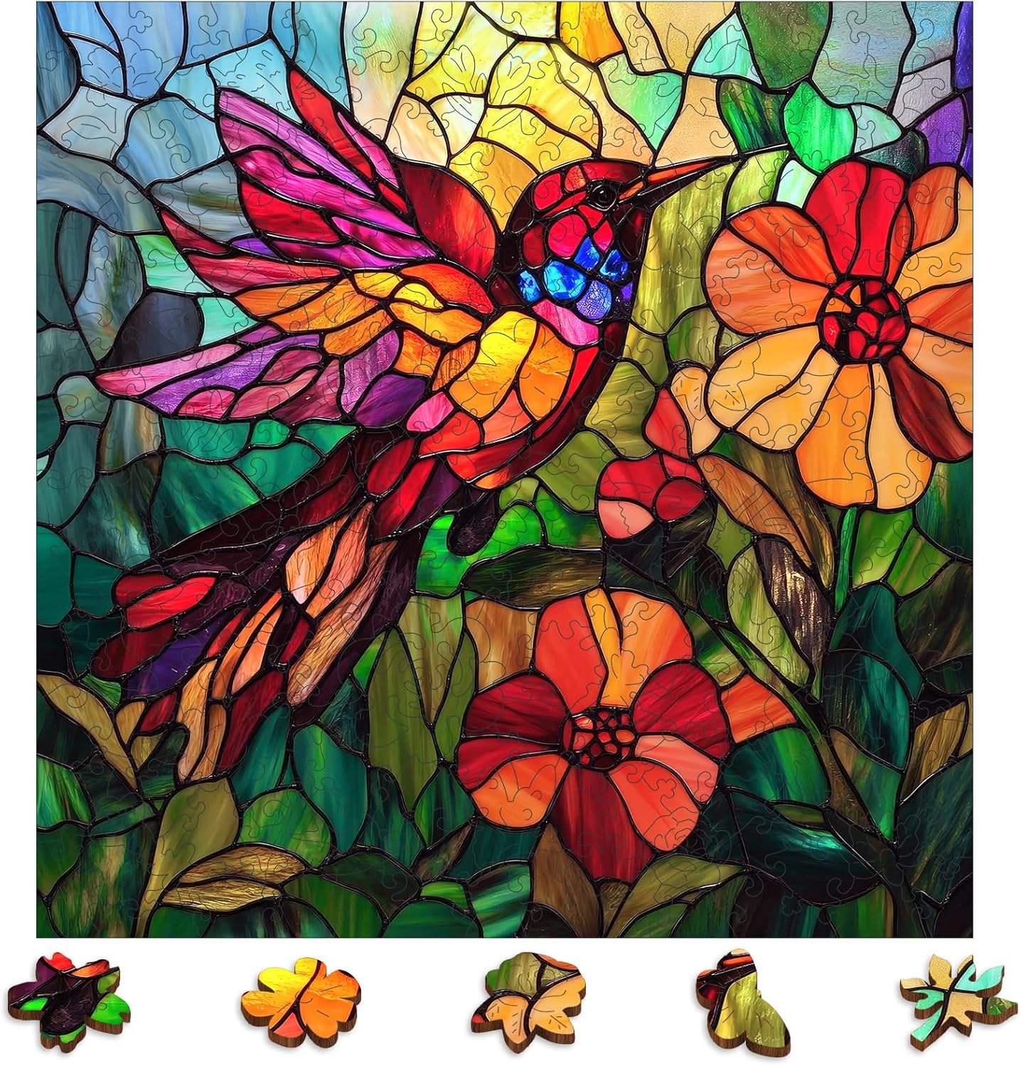 Wooden Puzzles for Adults, Stained Glass Puzzles 499 Pieces, Unique Shaped Hummingbird Jigsaw Puzzles for Adults and Kids, Birthday Gifts Fun Challenge Family Game 16.5'' x 16.5''
