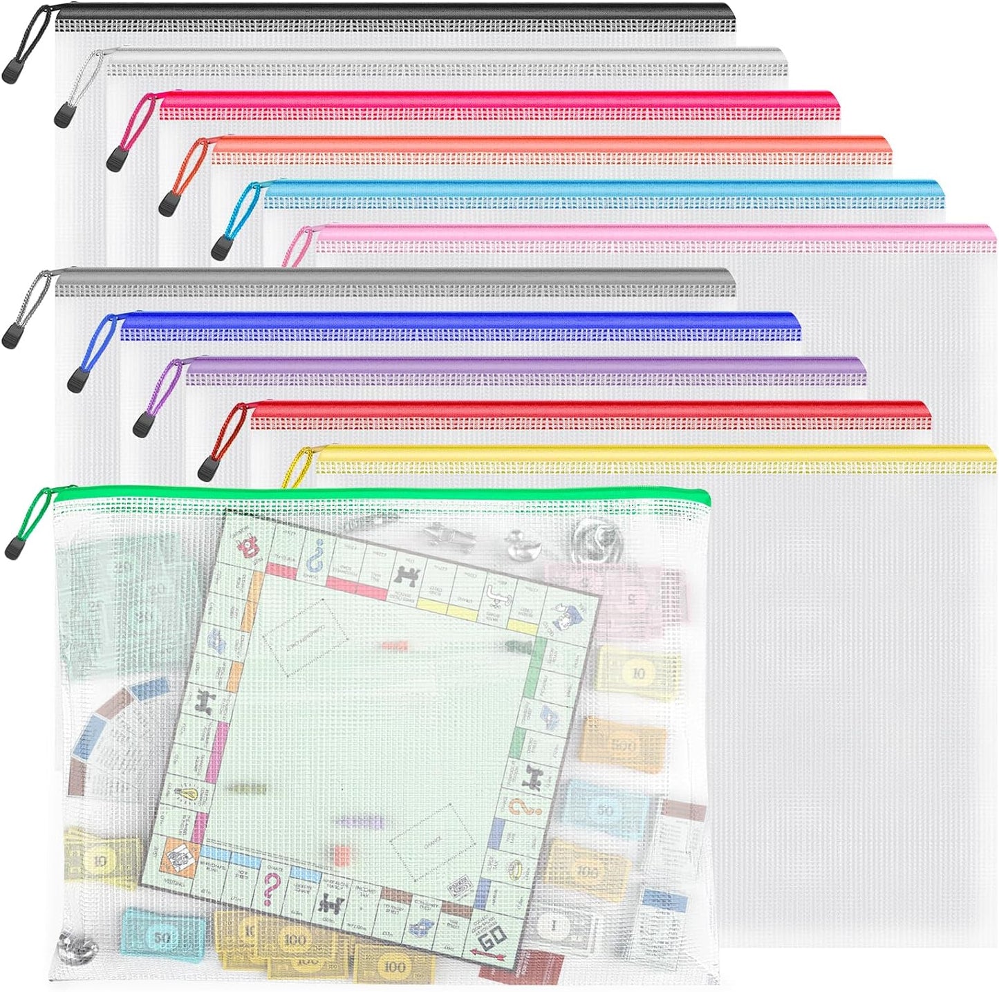 Umriox Zipper Pouch, 16.9x12.4 in (12 Colors, 12 Packs), Extra Large Zipper Bags, Waterproof Zipper Pouches for Office Supplies, Puzzles, Board Game Storage & Cross Stitch Projects