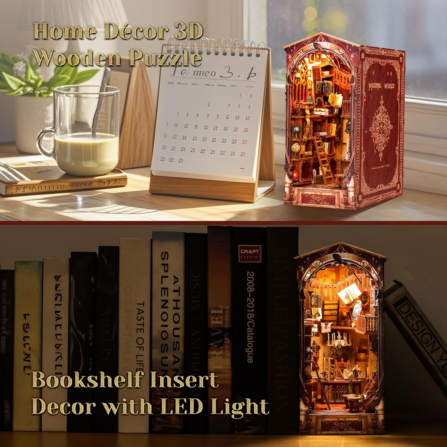 3D Wood Puzzle Book Nook Kit, DIY Magical Miniature Dollhouse with LED Light, Magic World Bookshelf Insert Bookend for Display, 3D Puzzle Craft Set for Adults (Magic World)