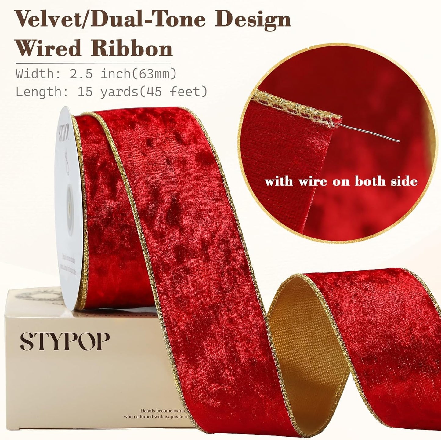 Red Christmas Velvet Ribbon Wired (2.5" × 15 Yards) - Christmas Ribbon for Christmas Tree Decoration/Gift Wrapping/Crafts Wreaths Supplies