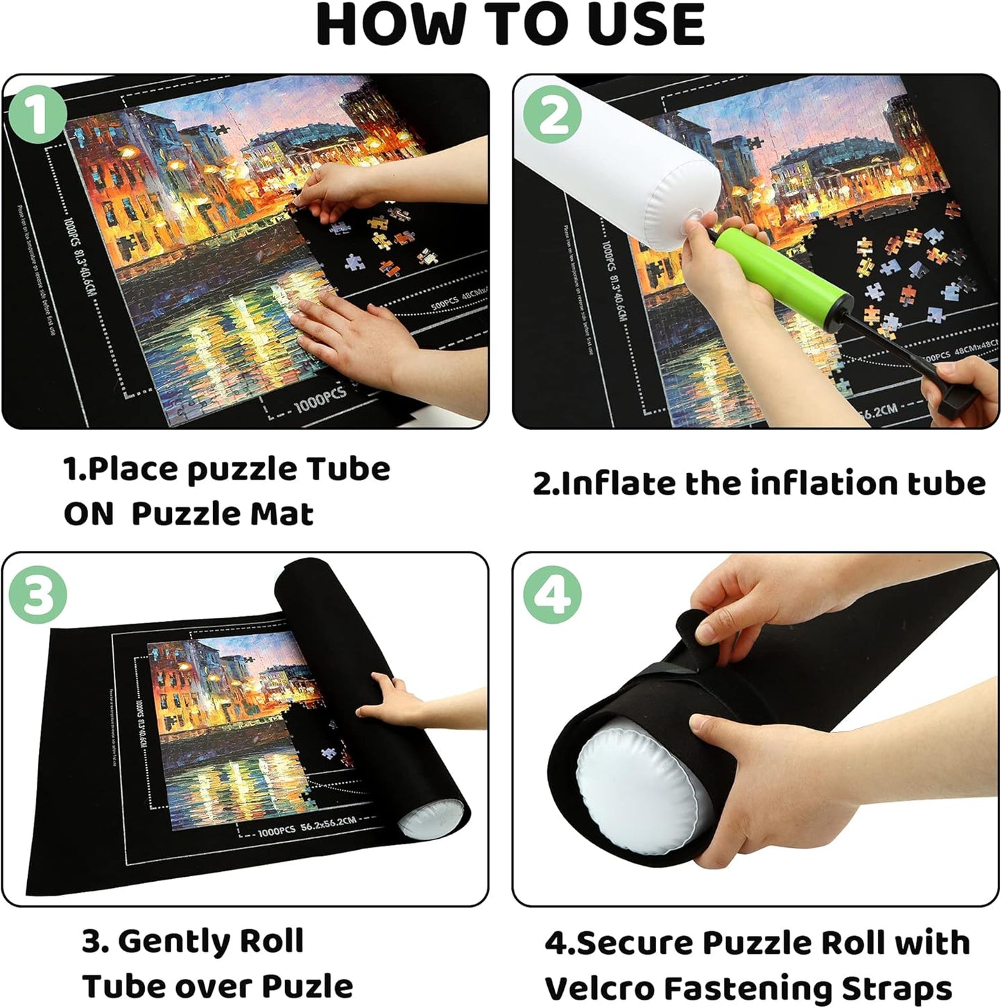 Portable Puzzle Mat Roll Up - with 9 Glue Sheets, Sorting Trays, Hand Pump, Inflatable Tube, and Storage Bag - Perfect for Kids and Adults (Black, 1500pcs)