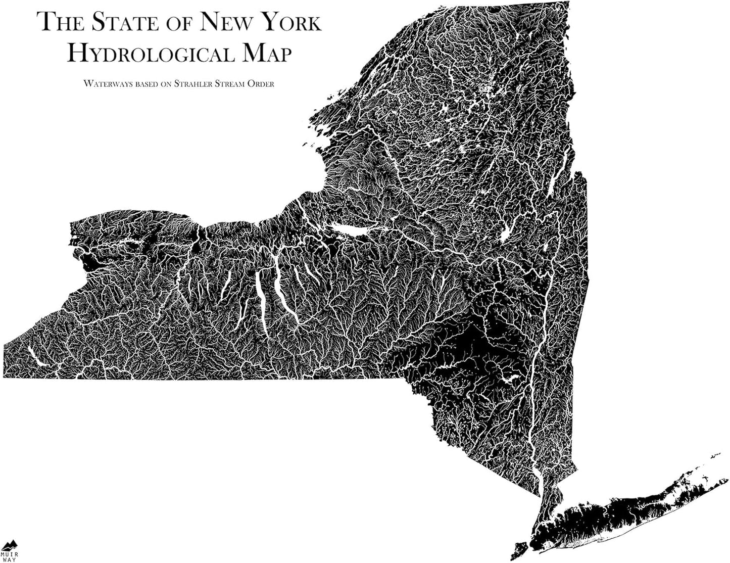 Muir Way Hydrological River Map of New York - Watershed Topographic Wall Art for Home, Office, or Travel Decor - Unframed Flat Paper Print, 24x30