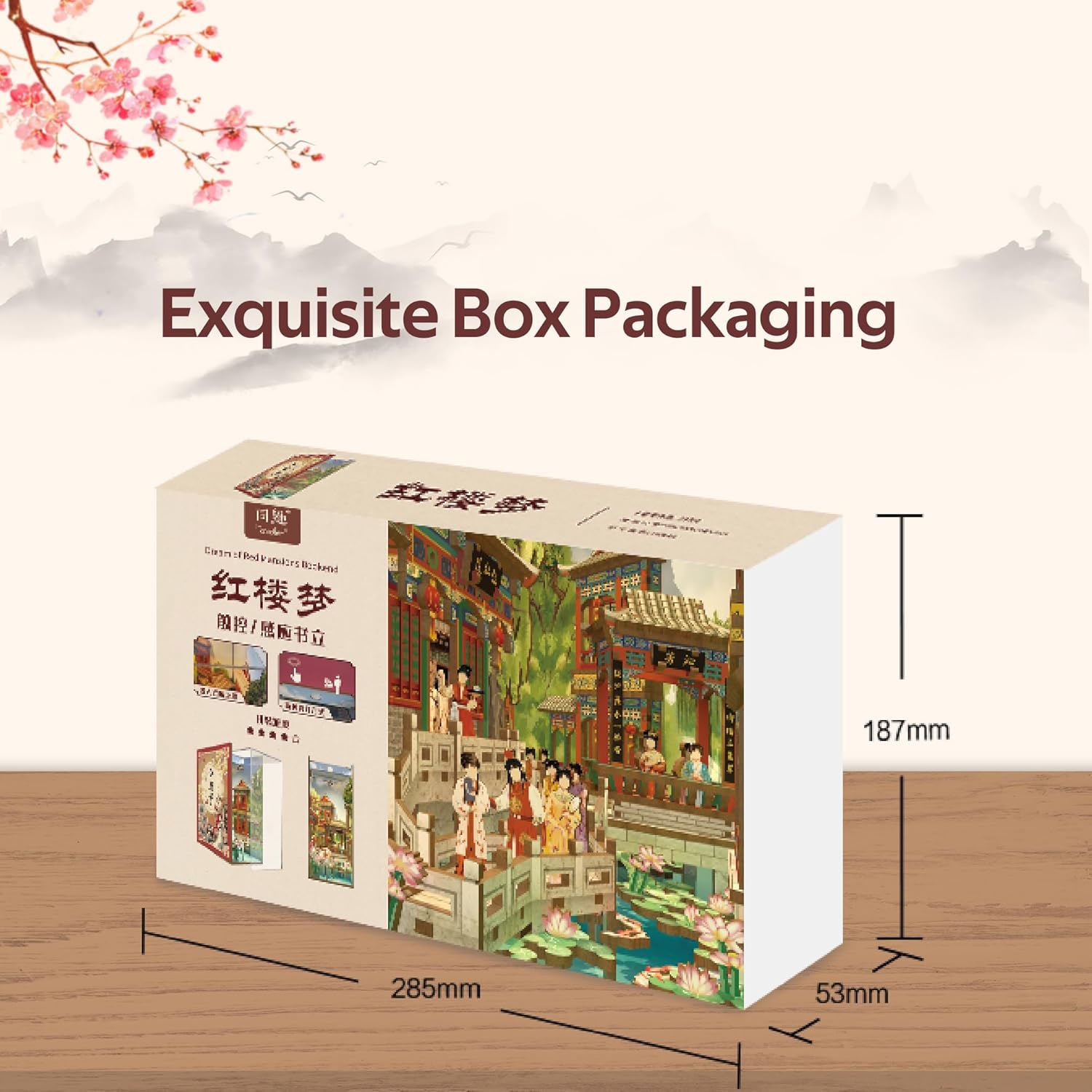 Tonecheer DIY Book Nook Kit for Adults, Wooden 3D Puzzle Bookend Bookshelf Insert Decor, Chinese Booknook Miniature House Kit with Dust Cover and Body Motion Sensor LED Light (Dream of Red Mansions)