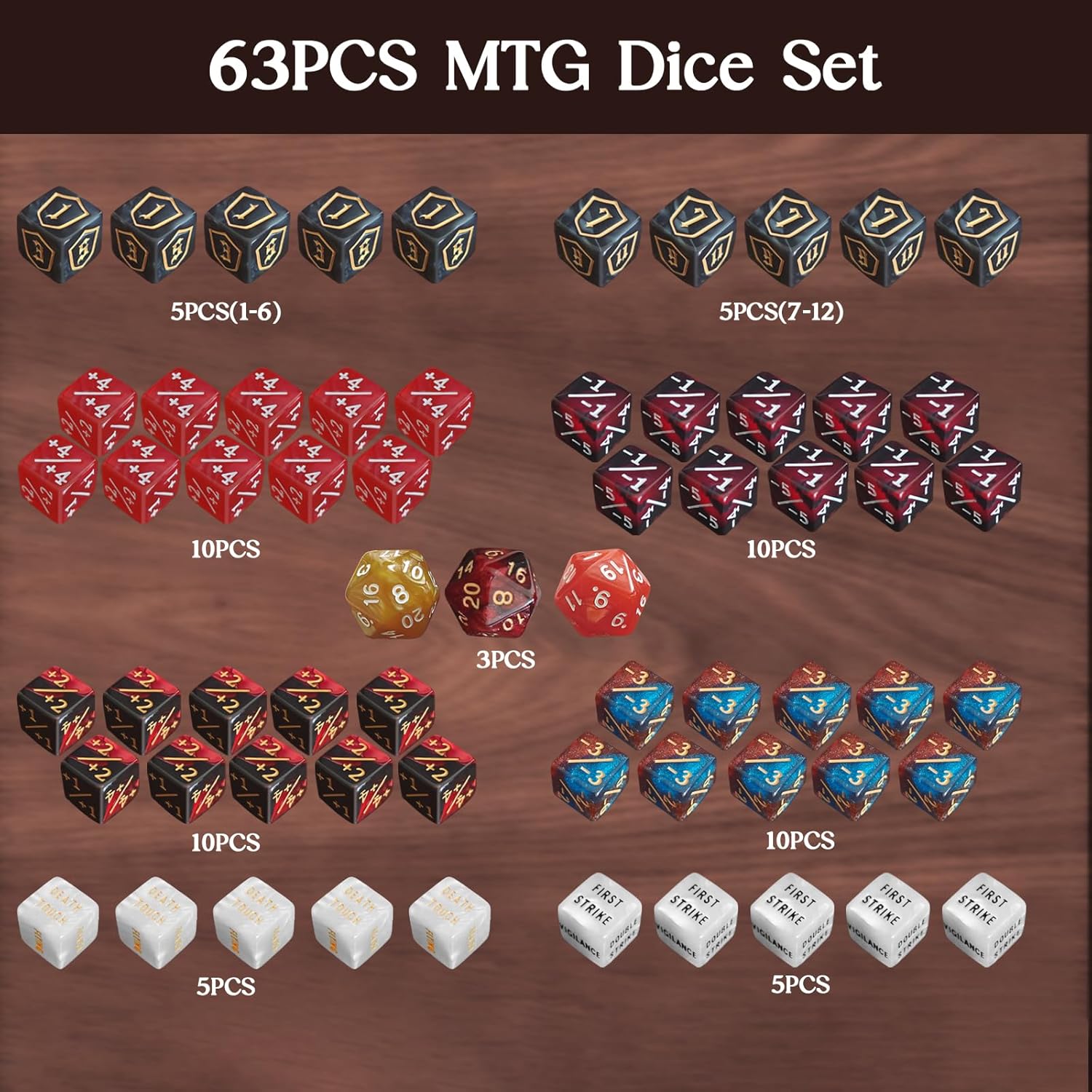 63 Pieces MTG Dice Counters Bulk Ability Keywords MTG Tokens Shield Life Counter 6 Sided Dice Set for MTG,TCG,Cards Gaming Accessories