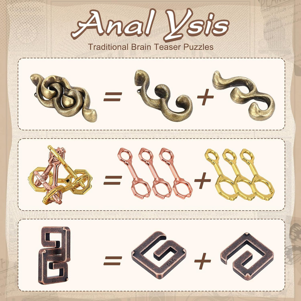 Wettarn 9 Pcs Metal Brain Teaser Puzzles Teaser 3D Steel Puzzle for Adults Unlock Interlocking Games IQ Education Smart Logic Test Toys for Adults Mind Challenge(Adorable Style)