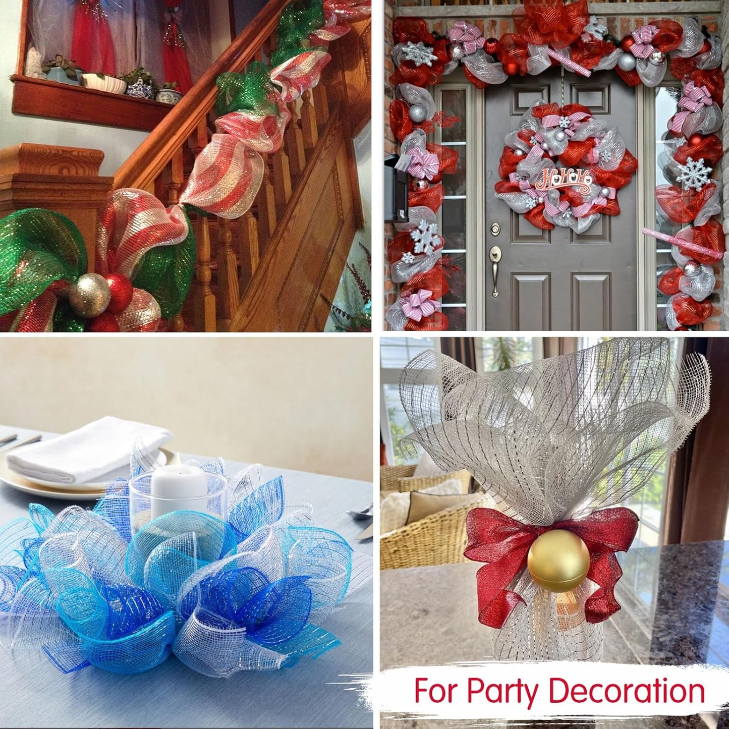 TONIFUL 3 Roll 10 Inch Red White and Green Decorative Mesh Ribbon Rolls, Fabric Mesh with Foil for Wreaths Front Door Decor Christmas Festival Party Accessories Party Decoration Supplies (10yds/roll