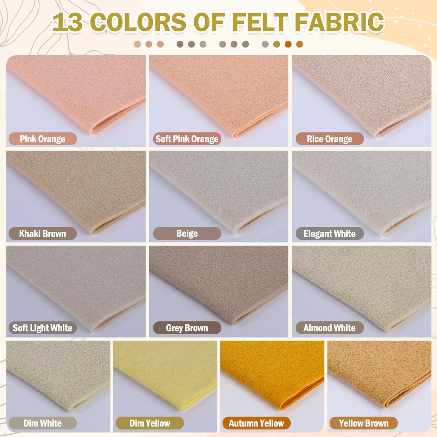 XSEINO 13 Rolls 8"x35" 1.4mm Thick Soft Felt Fabric Sheet 13 Assorted Light Brown Series Colors Felt Pack for DIY Craft Sewing Squares Nonwoven Patchwork