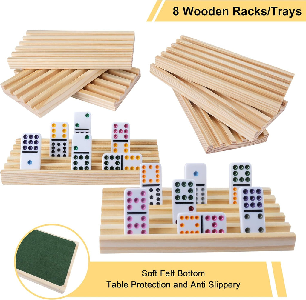 Double 12 Mexican Train Dominoes Set for Adults with 8PCS Wooden Holders, 9 Train Markers, 91 Color Dot Tile Dominos in Tin Box & Hub - Classic Family Board Game Set Party Toy Gift for Kids