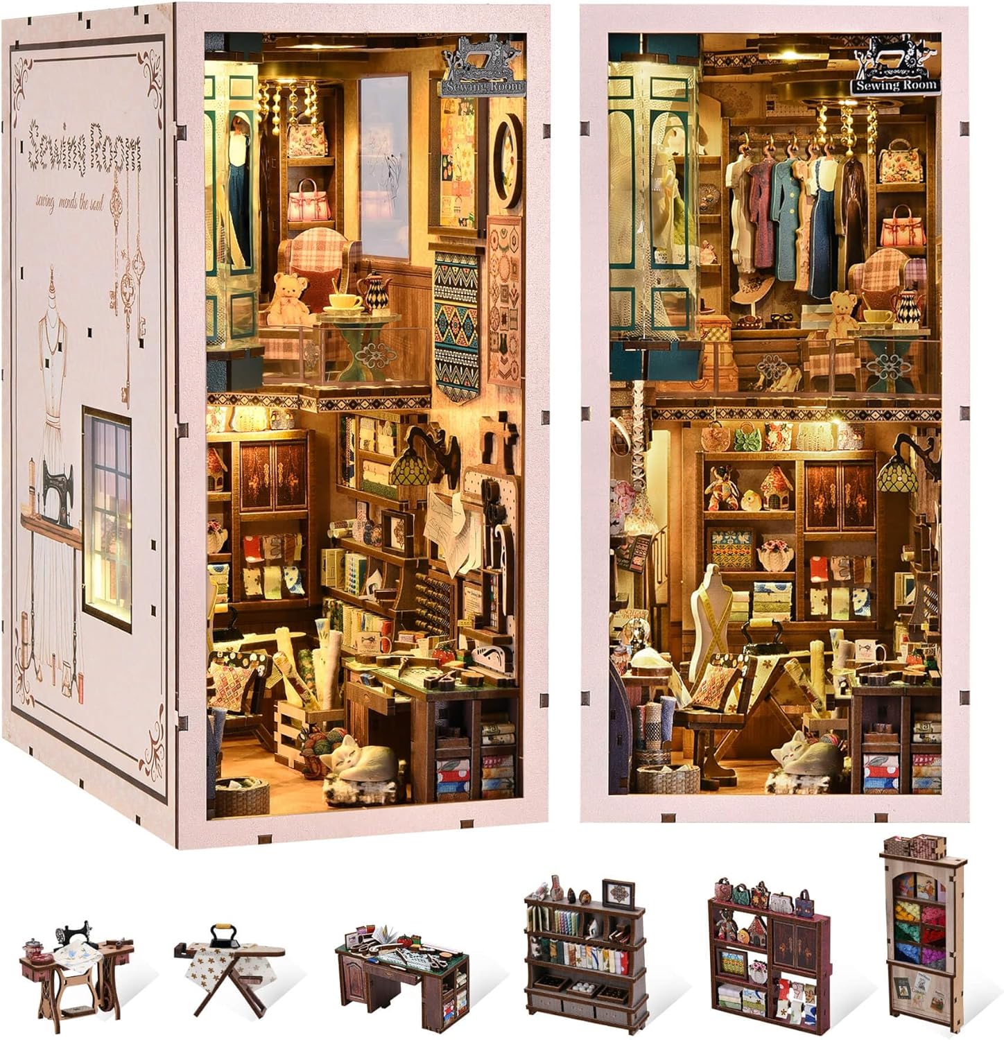 Book Nook Kit, DIY Miniature House Dollhouse Kit for Adults and Teens, 3D Wooden Puzzle Bookend Creative Bookshelf Insert Decor with LED Light, Gifts for Family, Friends (Sewing Room)