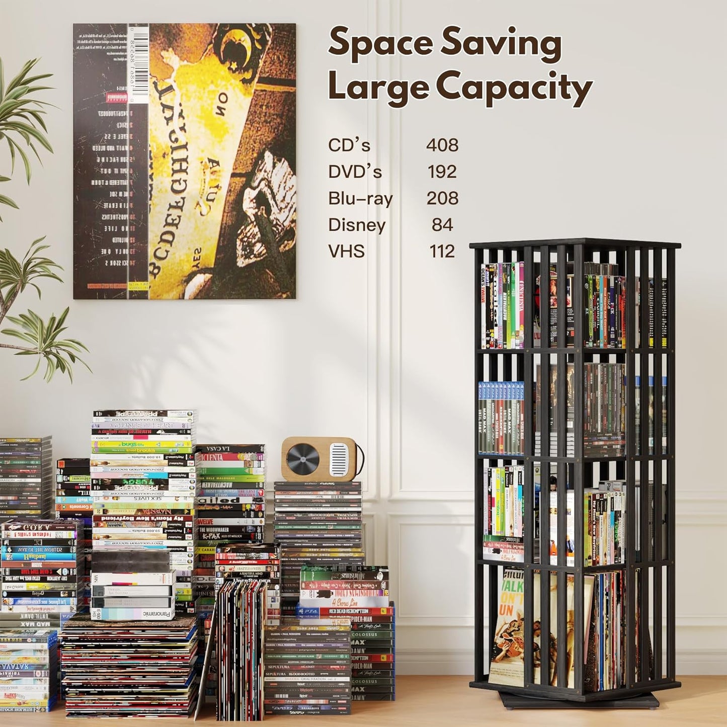 XIMN 360° Rotating Bamboo CD/DVD Shelf - 6-Tier Space-Saving Media Storage Cabinet for Movies, Organizer with Super Compact Design (Black, 4 Tier)