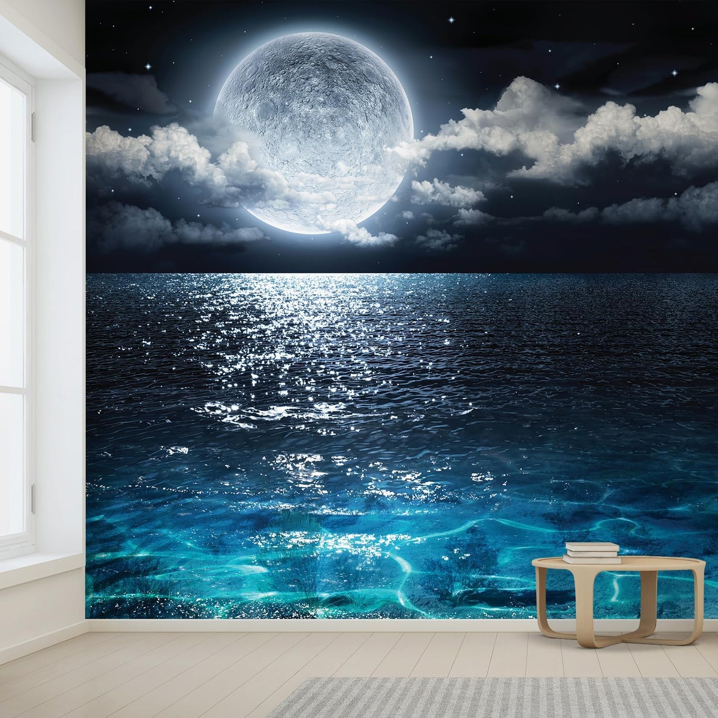 wall26 Wall Sticker/Wall Mural Sea Under Moonlight, Not Peel and Stick, Non-Woven Wallpaper Decorative for Bedroom, Living Room,Office - 120x192 inches