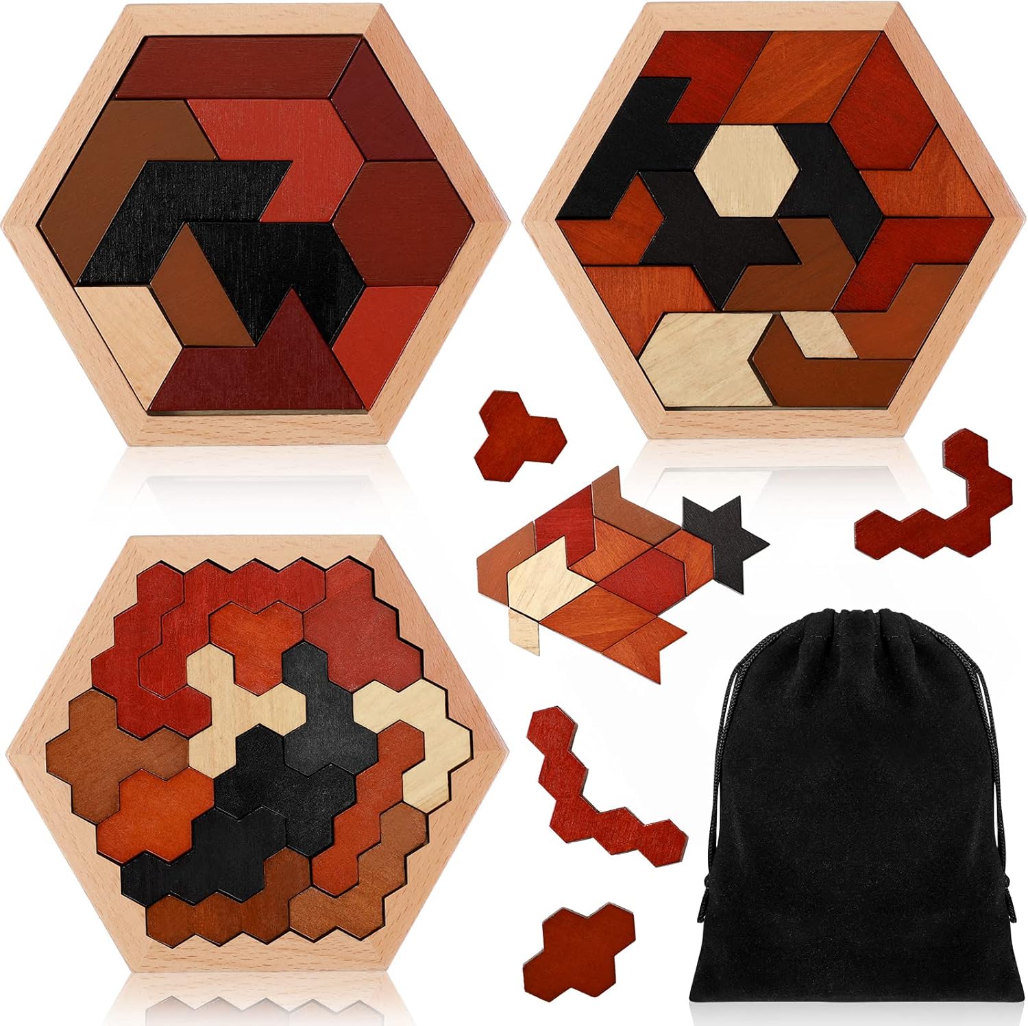 Yunsailing 3 Pack Hexagon Wooden Puzzle Wood Russian Blocks Tangram Puzzle Brain Teaser Puzzles Geometric Jigsaw Block Russian Blocks Logic IQ STEM Toy for All Ages Kid Adult(Vintage)