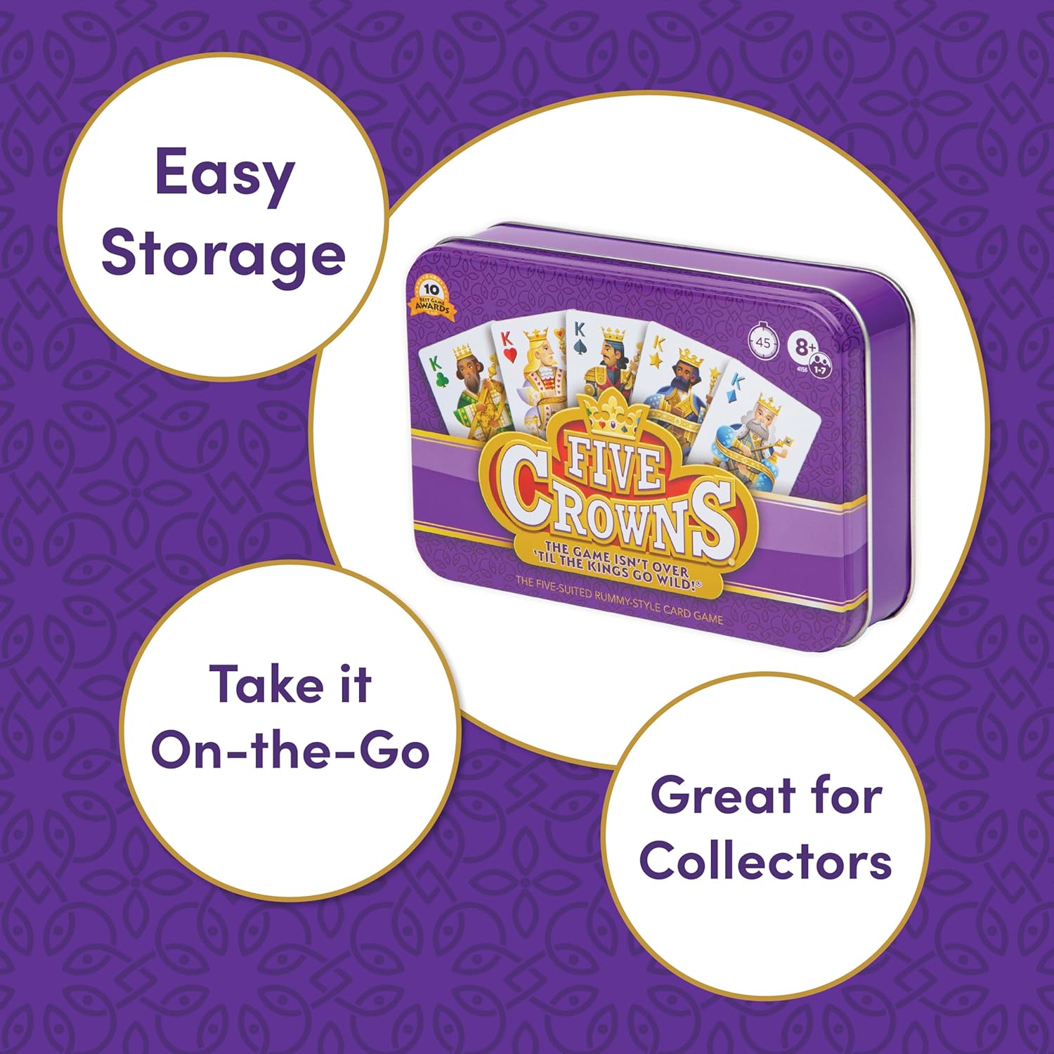 PlayMonster Five Crowns Collectible Tin – Card Game for Kids and Adults, Family Game Night, The Game isn’t Over Until the Kings Go Wild!, 5 Suited Rummy Style Card Game, 1-7 Players, Ages 8+