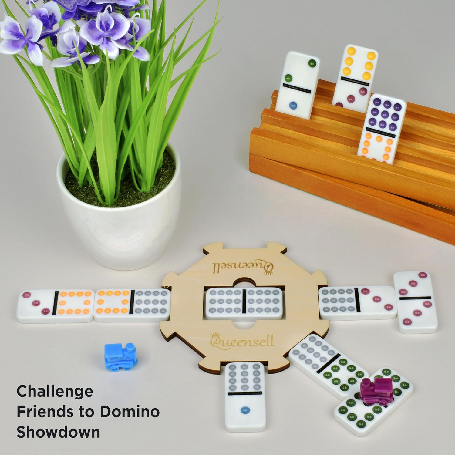 Queensell Mexican Train Dominoes Set with Wooden Hub, Domino Tile Board Games - Double 12 Dominos Set for Family Game Night for Adults and Kids Ages 8 and up (Double 12)