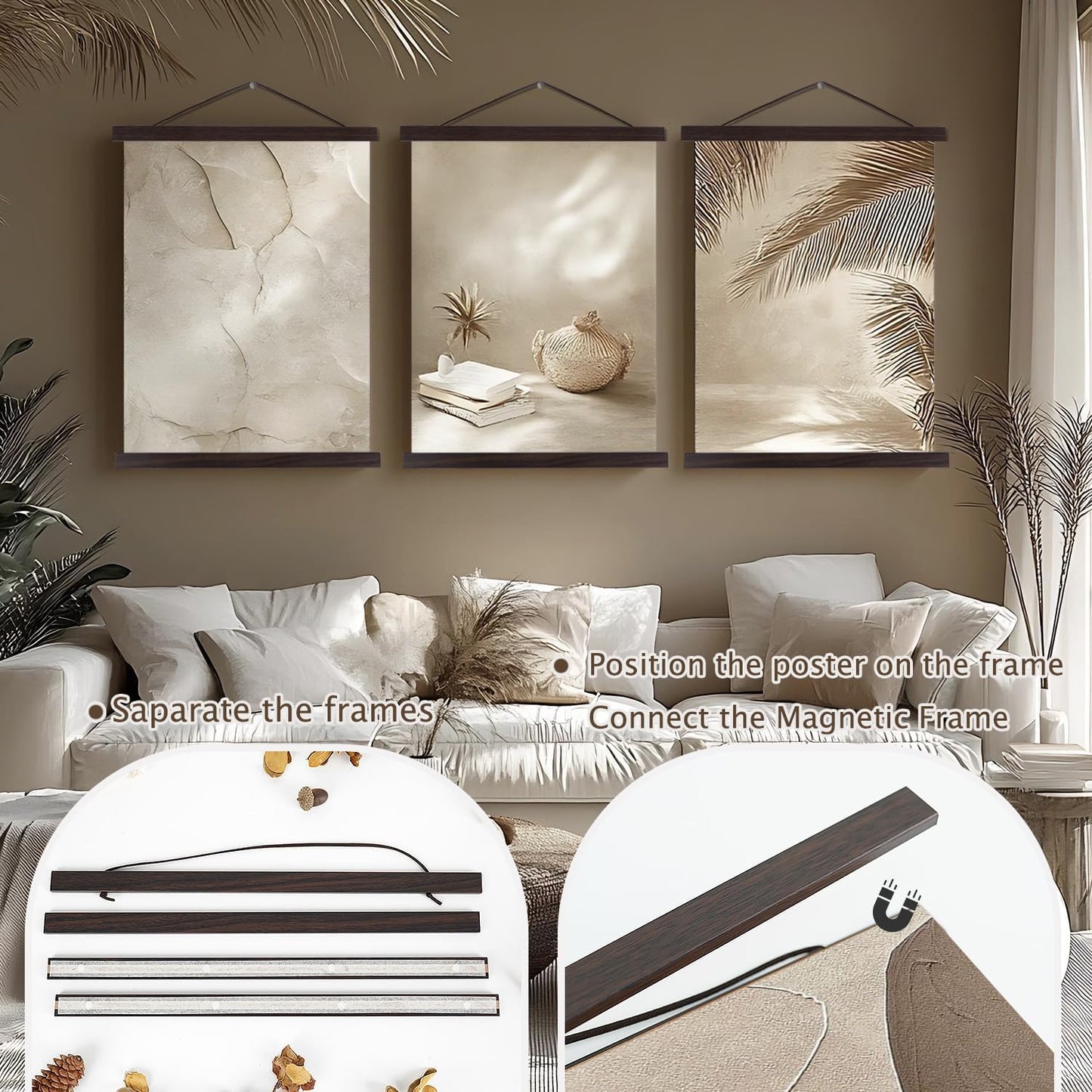 Artmag Magnetic Poster Hanger Frame, Light Wood Wooden Magnet Canvas Artwork Print Poster Hangers for 14x17 14x20 14x22 Frames Hanging Kit (Walnut, 14")