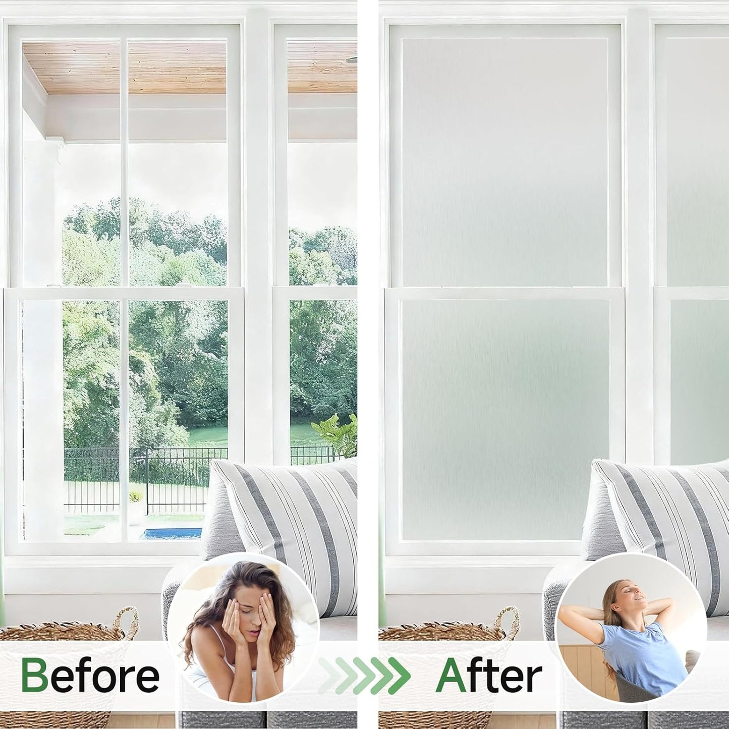 Borsky Frosted Glass Window Film - Static Cling, 96% UV Blocking Non-Adhesive Privacy Window Film, Removable Window Cling with Day & Night Privacy for Bathroom Home Office, 35.4 x 393.7 Inches, Pure