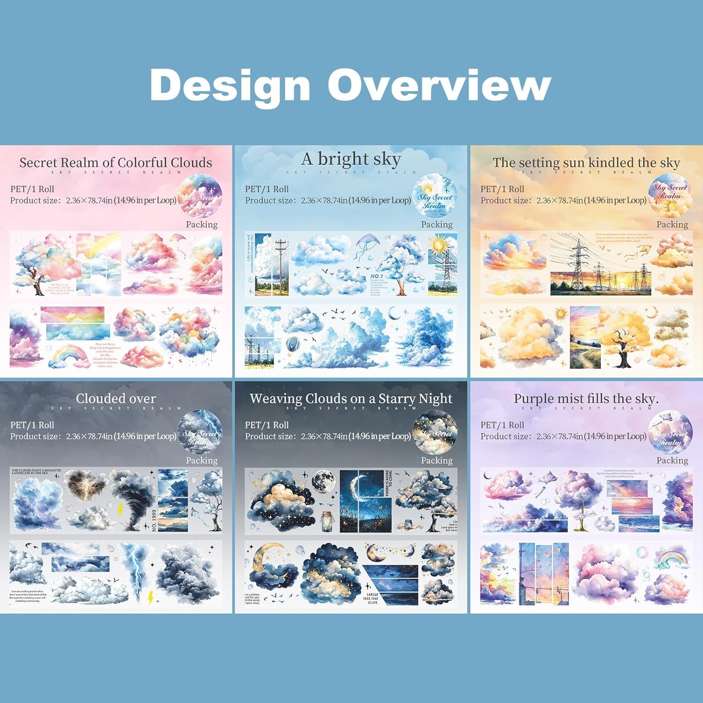 Sky Series PET Tape Sticker Set 6 Rolls Featuring Thunderstorm Starry Night Sunset and Foggy Cloud Designs for Scrapbooking Journaling Planner Decoration and DIY Craft