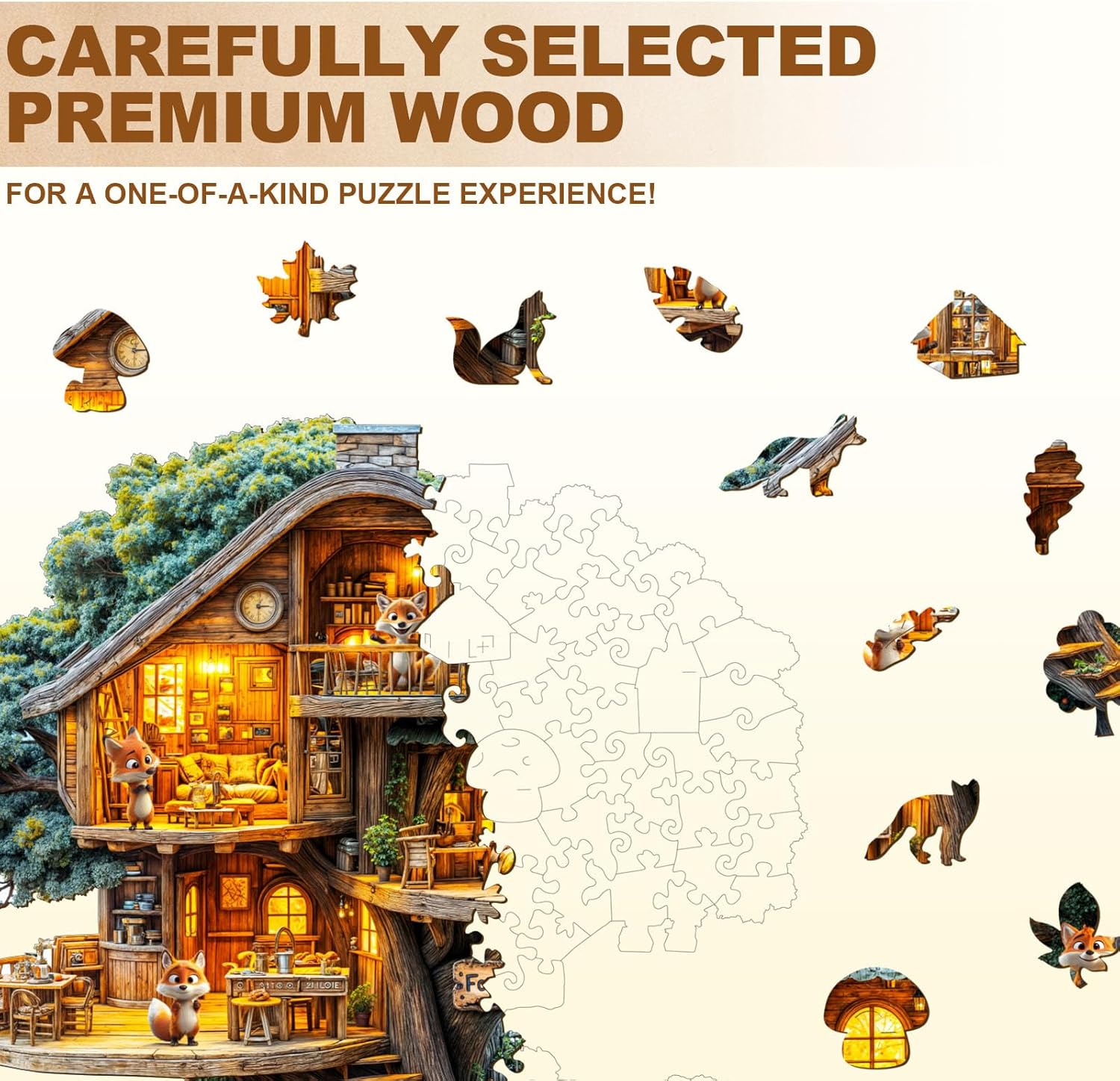 WOODBESTS Wooden Puzzles for Adults (195 Piece, M, 11.4 * 11.4in) Fox House Wood Puzzle Adult, Unique Wooden Animal Jigsaw Puzzles, Family Game and Birthday Gifts for Friend