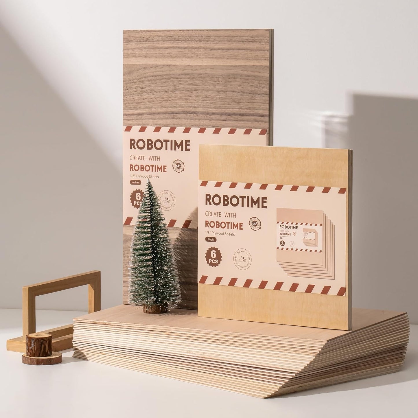 ROBOTIME 6-Pack Laser Wood Sheets 1/8" - 12 x 16 x 1/8 Inch - Basswood 2Pcs & Walnut 2Pcs & Birch 2Pcs - 3mm Plywood Sheets for Laser Cutting, Engraving & Wood Burning (Pyrography)