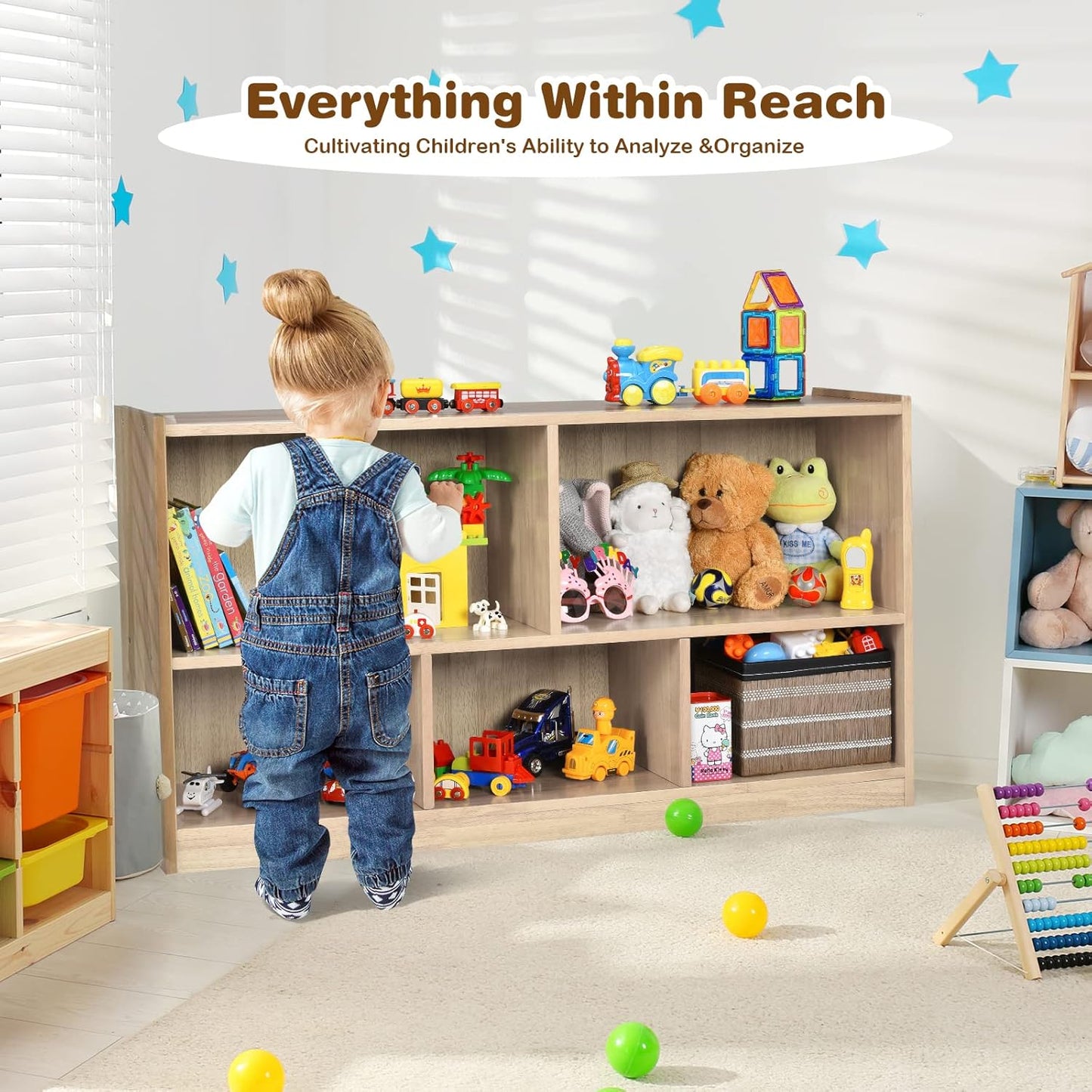 KOTEK Kids Storage Organizer, 5 Cubby Kids Bookshelf, Wooden 2-Layer Bookcase Storage Cabinet, Toy Shelf for Daycare, Nursery, School Classroom, Playroom, Living Room & Bedroom (Natural, 5 Cubes)