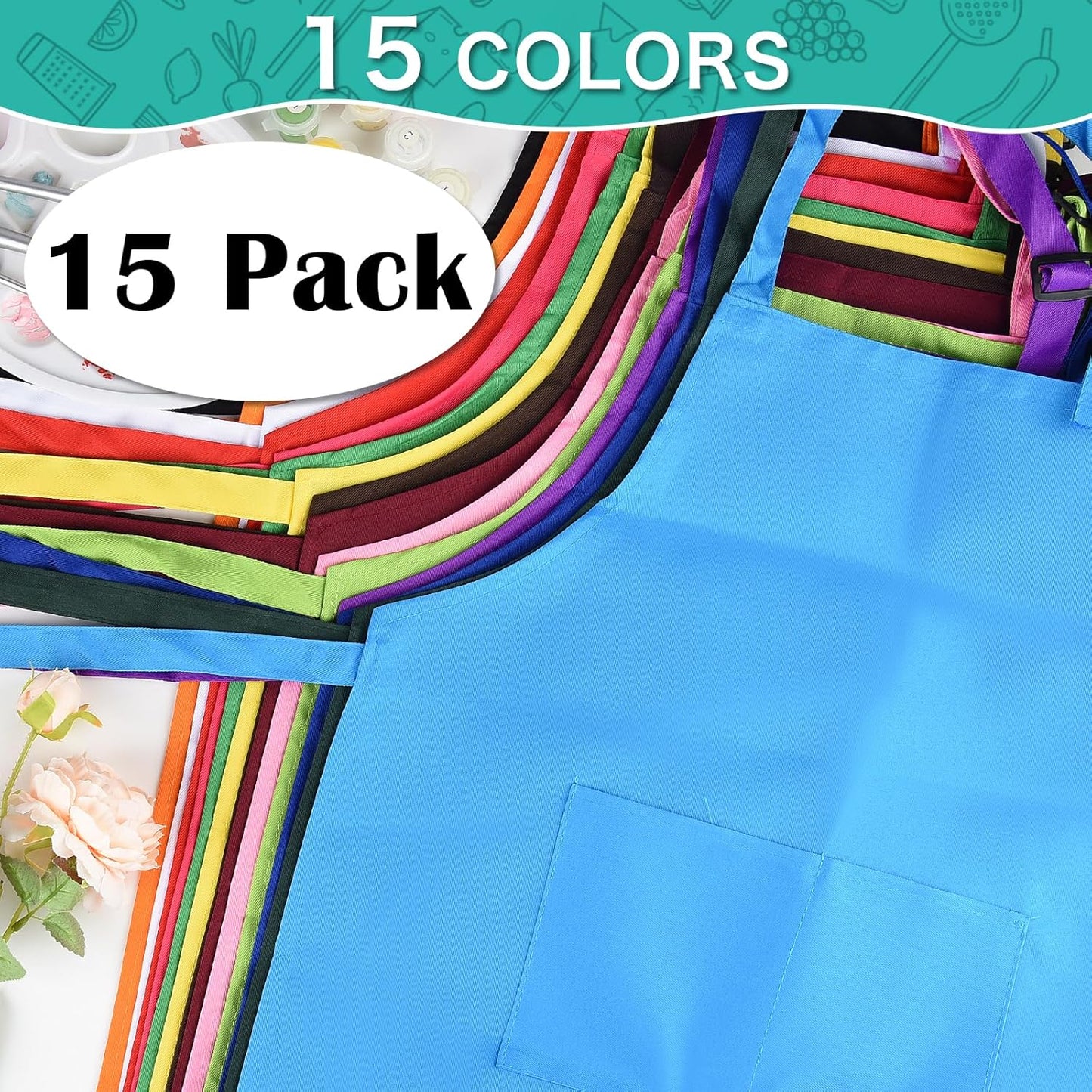 PLULON 18 Pcs Kids Apron Set Adjustable Children Art Aprons Bulk with 2 Pockets Artist Apron for Baking Painting Cooking Activity, Multicolor