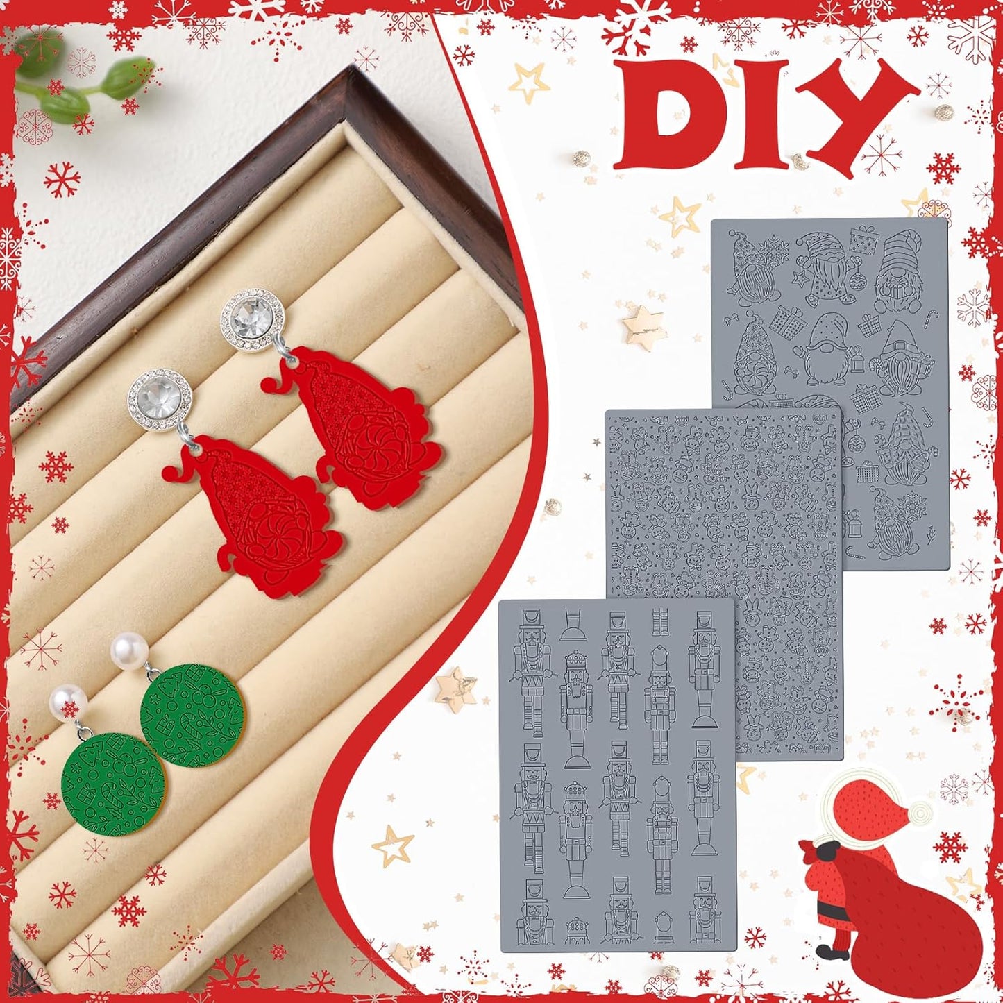 12 Pcs Christmas Polymer Clay Texture Sheets - Cute Texture Mat for Embossing, DIY Tools for Snowman Elf Clay Earring Jewelry Making