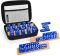 Dominoes Set for Adults with 4 Wooden Racks/Trays, Double Six Travel Portable Case 6 Tiles Holders, 28 Dominos Family Board Games - Blue