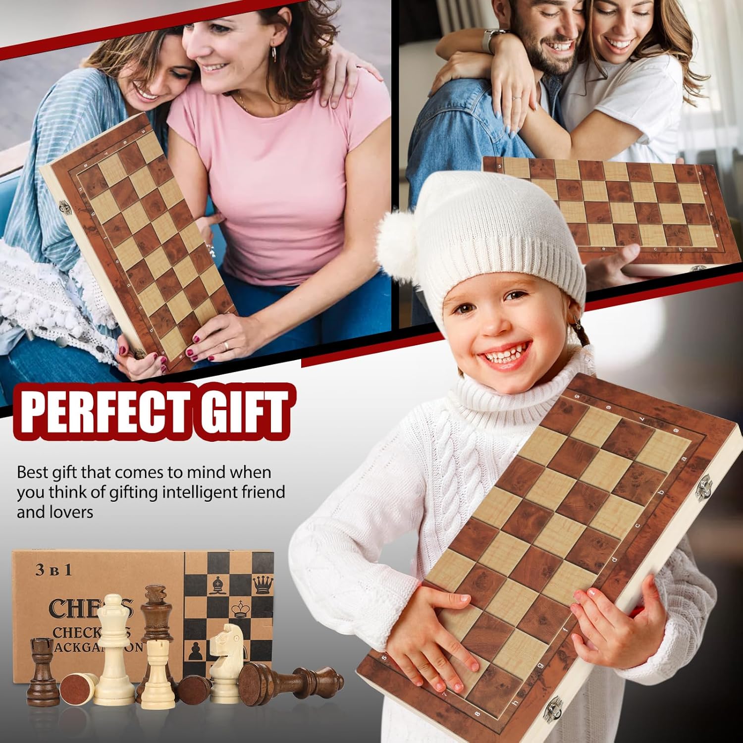 Chess Checkers Backgammon 3-in-1 Board Games Sets, Wooden Chess Set for Adults & Kids, 17.2" Lightweight Checkers Board Game,Strategy Backgammon Sets for Adults, Travel Chess Board Game Pieces Storage