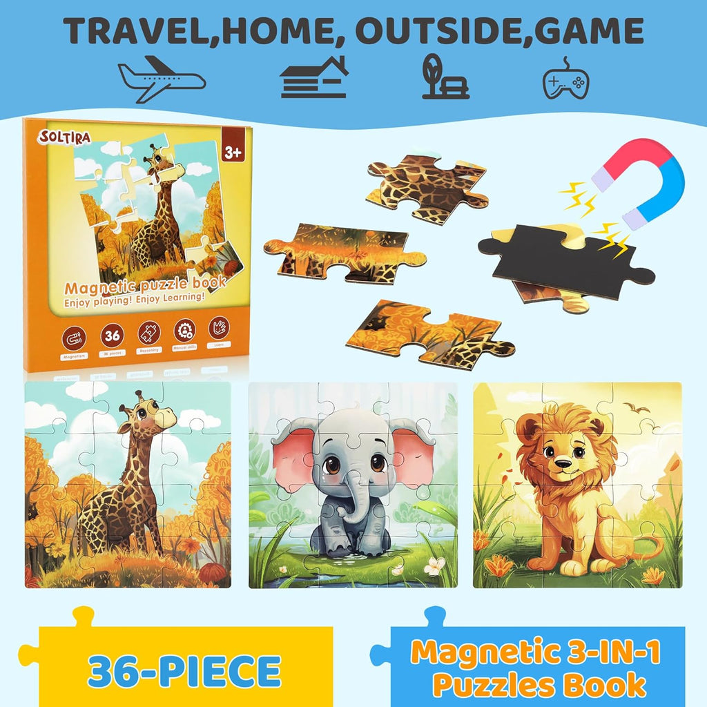 Puzzles for Kids Ages 3-5 36PCS-3 Animal Themes Magnetic Puzzles for Kids 4-6 Travel Puzzle for Airplane/Car/Road Trip/Gift Toys for 3 4 5 6 Year Old Girls and Boys