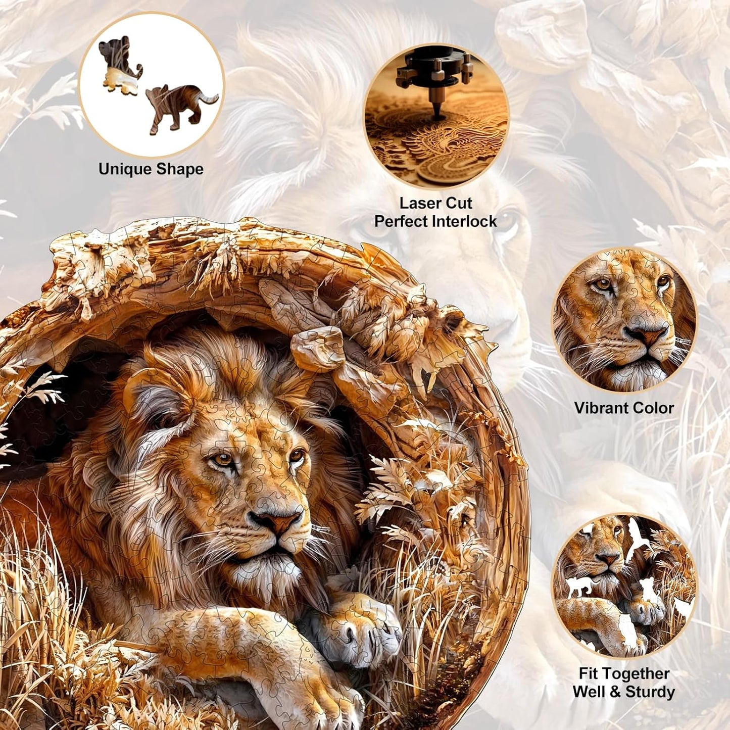 KAAYEE Wooden Puzzles for Adults, 3D Vision Effect Lion King Wooden Jigsaw Puzzles 300 PCS Unique Shape Advanced Wood Puzzle Adult, Fathers Birthday Family Game (L-13.4 * 13.4in)