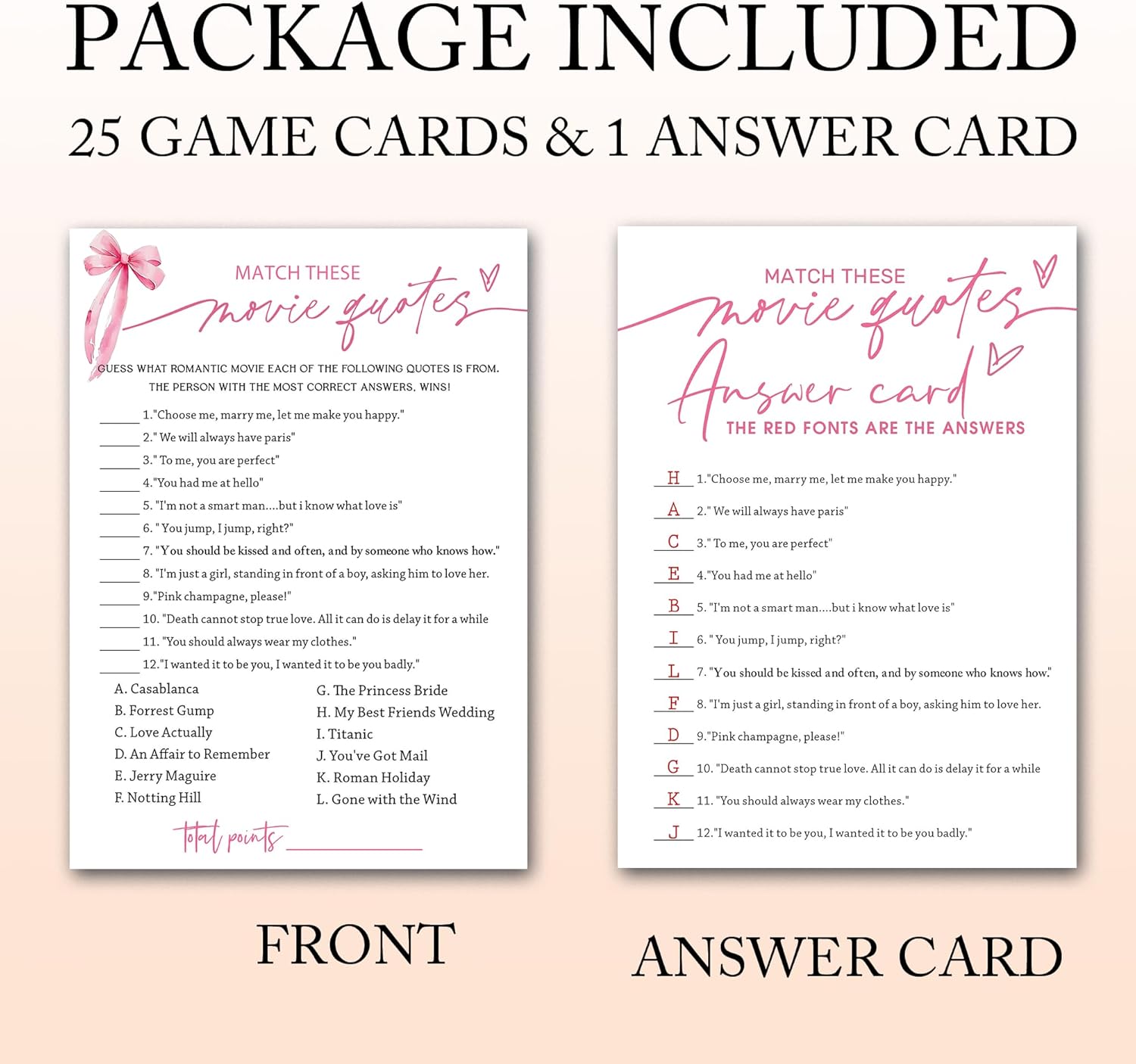 Bridal Shower Games Cards, Match These Movie Quotes, 25 Cards with 1 Answer Card, Engagement Party Games for Guests, Pink Ribbon Bow Wedding Party Supplies - E09
