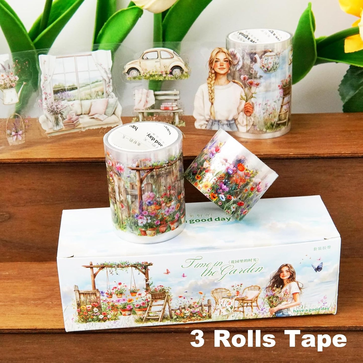 Spring Garden PET Tape Set, 3 Rolls Pre-Cut Wildflower Stickers for Scrapbooking, Journaling, DIY Crafts, and Collage Art (30 mm/50 mm/55 mm)