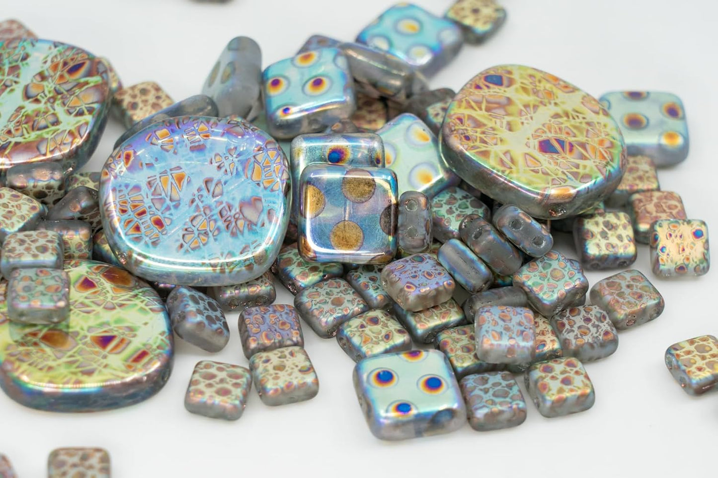1.75 oz (50g) Mix of Unique Czech Bohemia Glass Pressed Beads, Light Blue AB Sliperit, Patterned, Matte and Glossy, Hand Made BCV