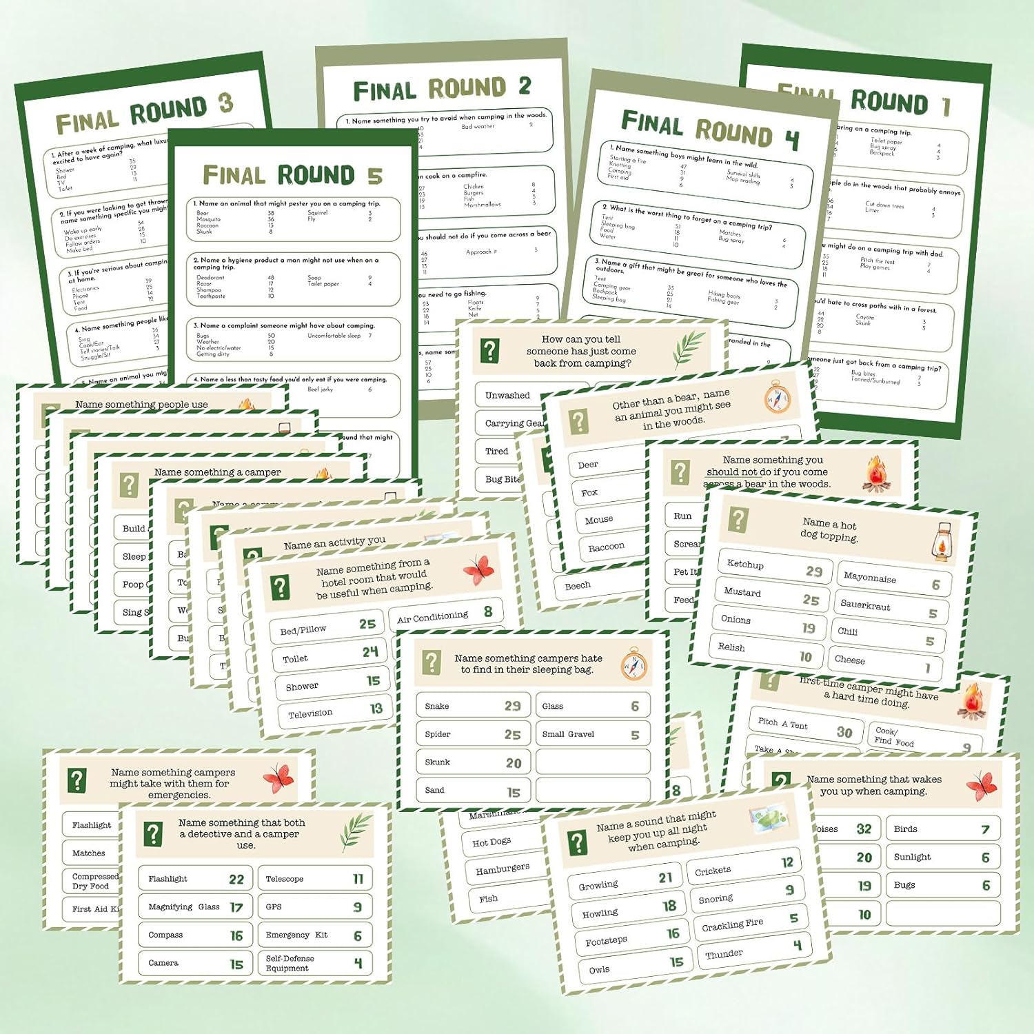 30 Pcs Camping Friendly Feud Game Set Camping Party Game Trivia Quiz with 18 Card 2 Buzzer for Adults Family Games Activities Party Supplies, Battery Not Included