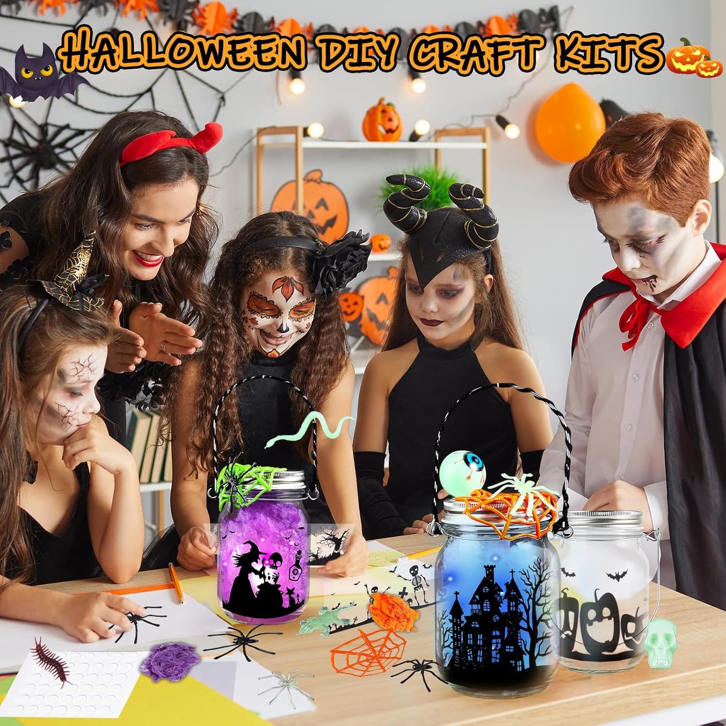 Halloween Craft Kit for Kids, 4 pcs Glass Mason Jar with Accessories for DIY Lantern Jar, Halloween Art & Craft Party Supplies for Classroom,Art and Craft Party Supplies for Kids