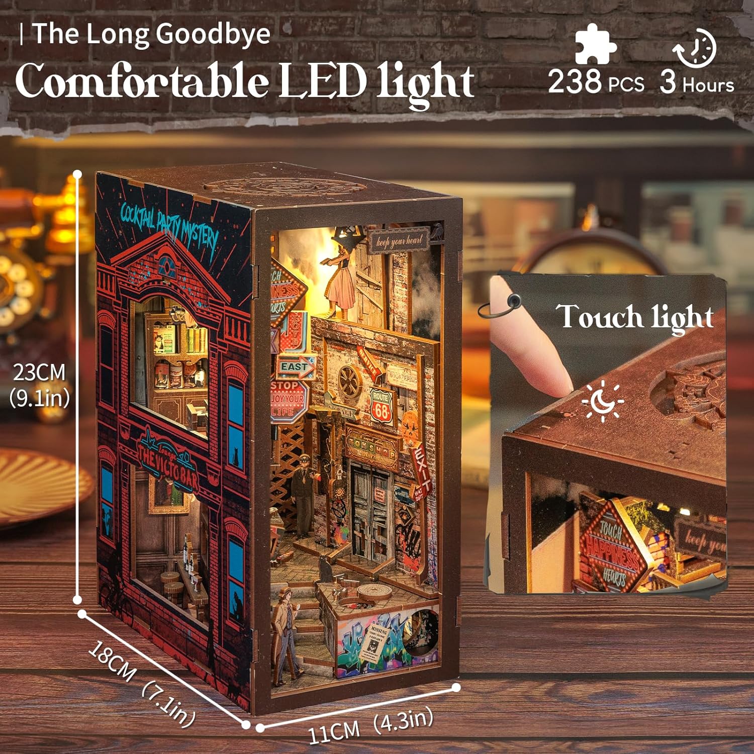 Cutefun Book Nook Kit - DIY Miniature Dollhouse Kit for Adults and Teens, Bookend Mini House Building Kit with LED, 3D Wooden Puzzle for Beginner Creative Gifts (The Long Goodbye)
