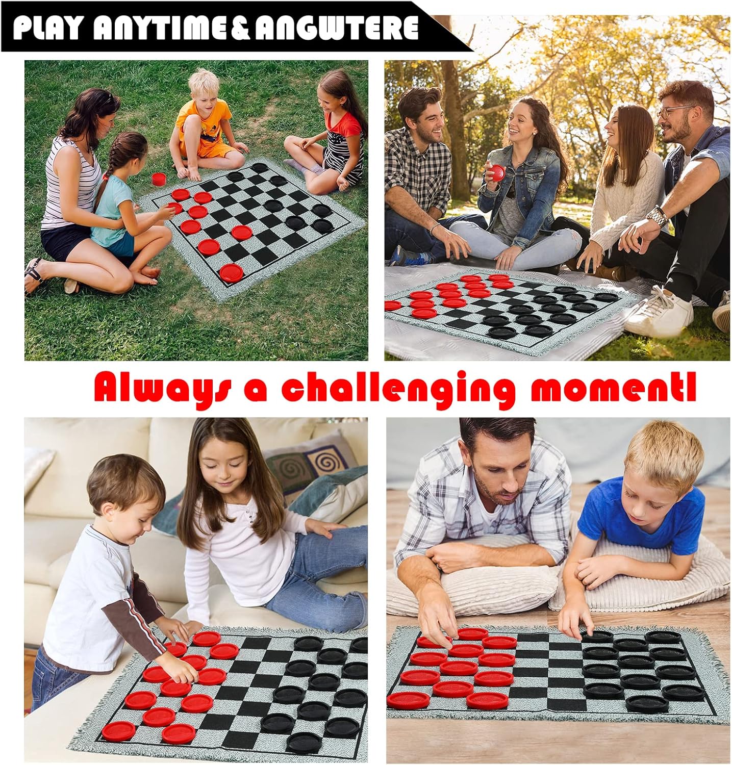 Giant Checkers Board Game Set,3 in 1 Tic Tac Toe Board Draughts Reversible Rug Game for Kids & Adults, Big Checker Floor Game Mat,Indoor Outdoor Yard Game for Family Camping Party
