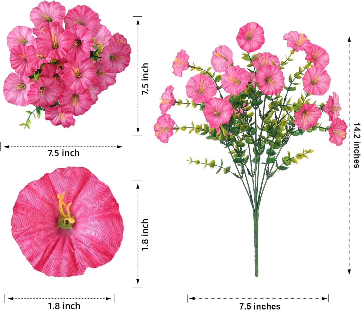 Artificial Flowers Fake Plants for Outdoors Decoration, 12 Bundles Pink Silk Morning Glory with Eucalyptus Realistic UV Resistant Faux Flowers Greenery for Outside Planter Yard Garden Home Indoor