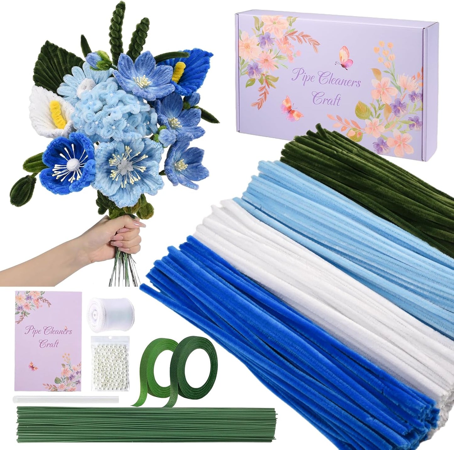 400 Pcs Pipe Cleaners Craft Set, 4 Assorted Blue Pipe Cleaners Bulk, Chenille Stems for DIY Flower Making Kit with Floral Stems, Gardening Tape, Pearl, Ribbon for DIY Bouquet Gift (Blue)