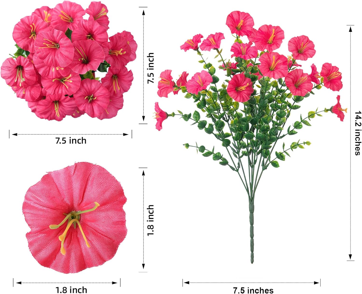 Fake Plants Artificial Flowers for Outdoor Outside Summer Decoration, 12 Bundles Faux Flowers Silk Hot Pink Morning Glory with Eucalyptus Look Real UV Resistant for Planter Front Door Porch Yard Patio