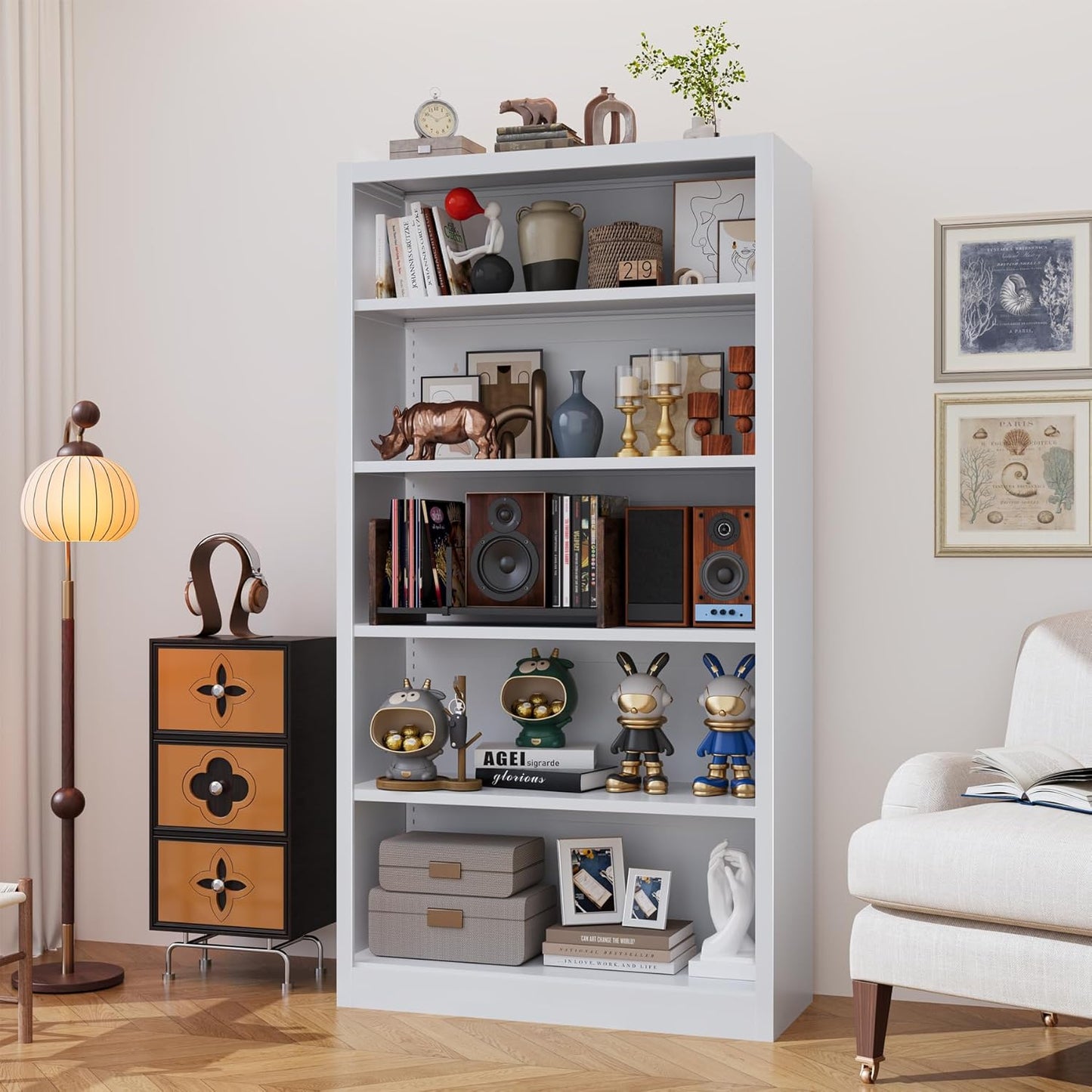 Heavy-Duty Steel Open Storage Cabinet with Adjustable Shelves, 5-Tier Shelving Unit, Easy Assembly Freestanding Organizer for Pantry,Office, Living Room,Bookshelf(White, 5 Tier-55"H x 27.6"W x 11.8"D)