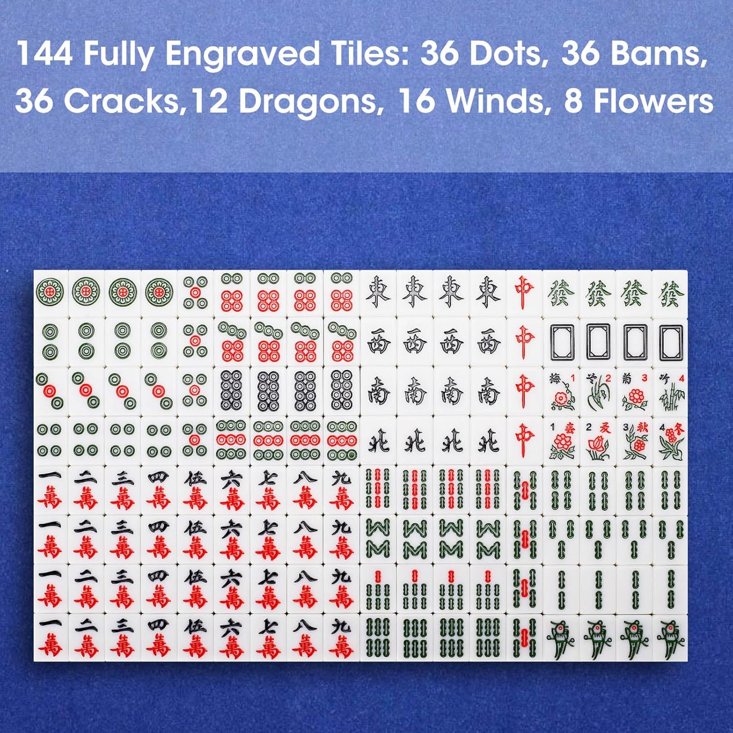 Chinese Mahjong Tile Set,144 Tiles White Green Melamine Tiles with Carrying Travel Case,Portable Mahjong Game Set