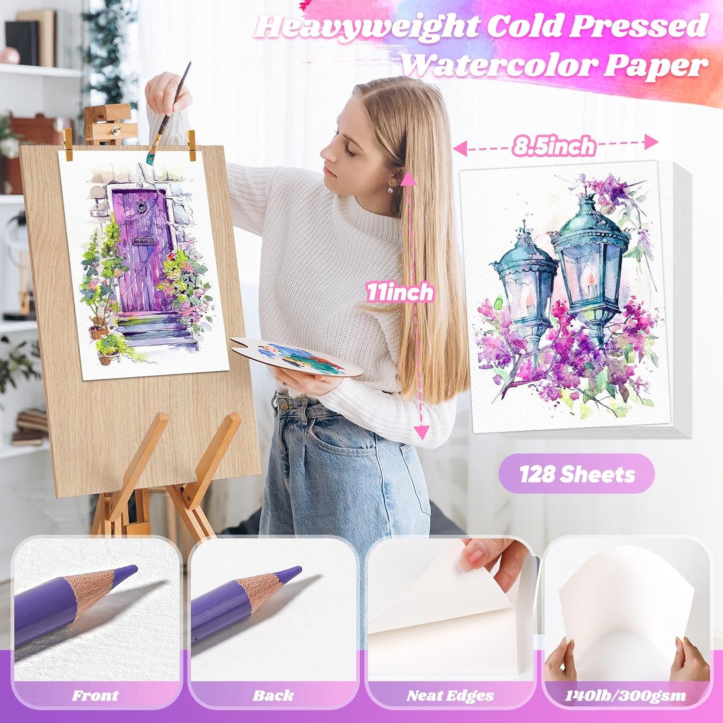 128 Sheets Watercolor Paper, Stocking Stuffers, 8.5"x11" Cold Press Water Color Paper Bulk, 140lb/300gsm Artist Sketch Easel Acrylic Painting Drawing Supplies for Watercolors, Watercolor Paint Set