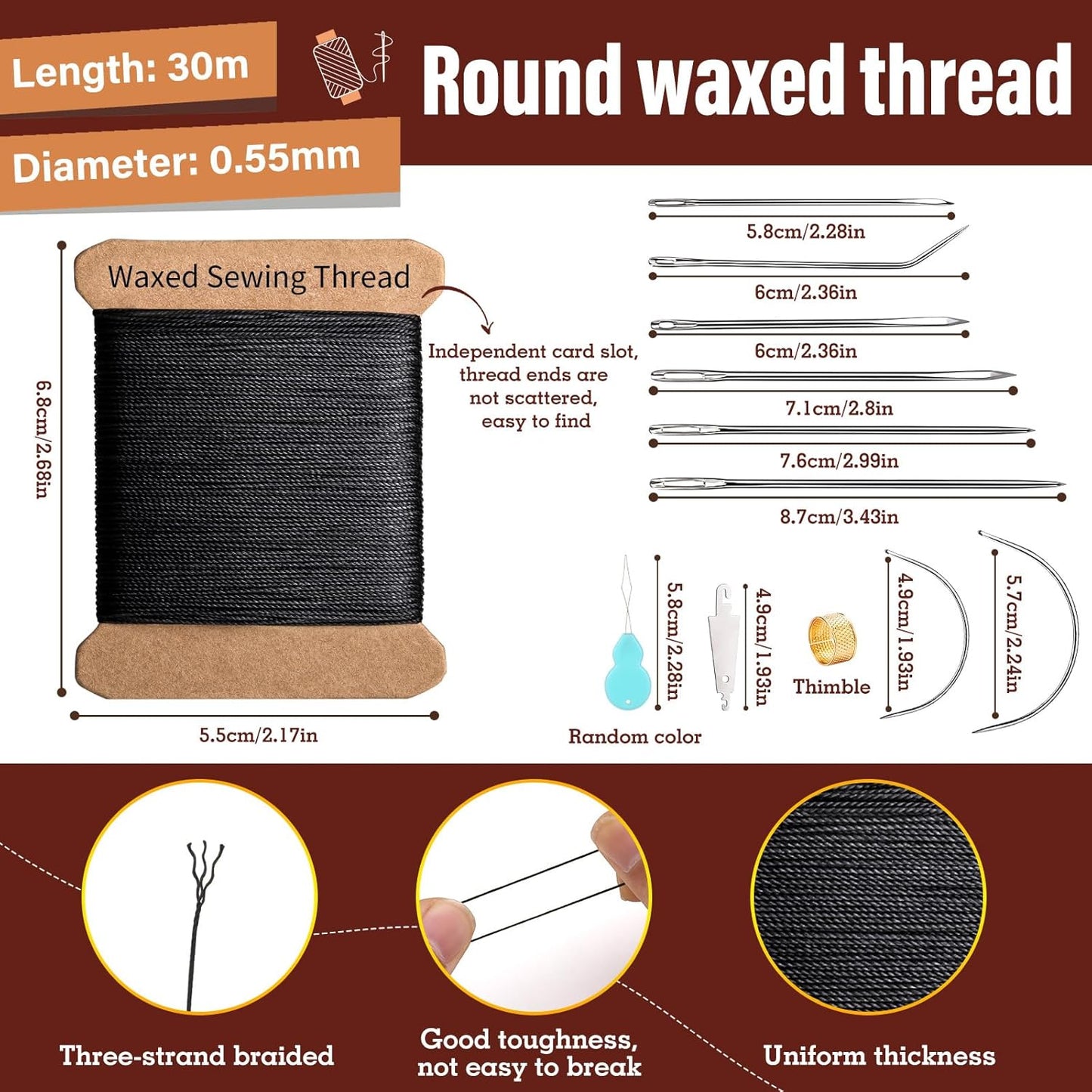 Repair Sewing Kit, Upholstery Needle with 32 Yard Waxed Thread and 8 Pcs Heavy Duty Leather Needles for Hand Stitching, Canvas & Quilting - 0.55mm Round Waxed Thread Black
