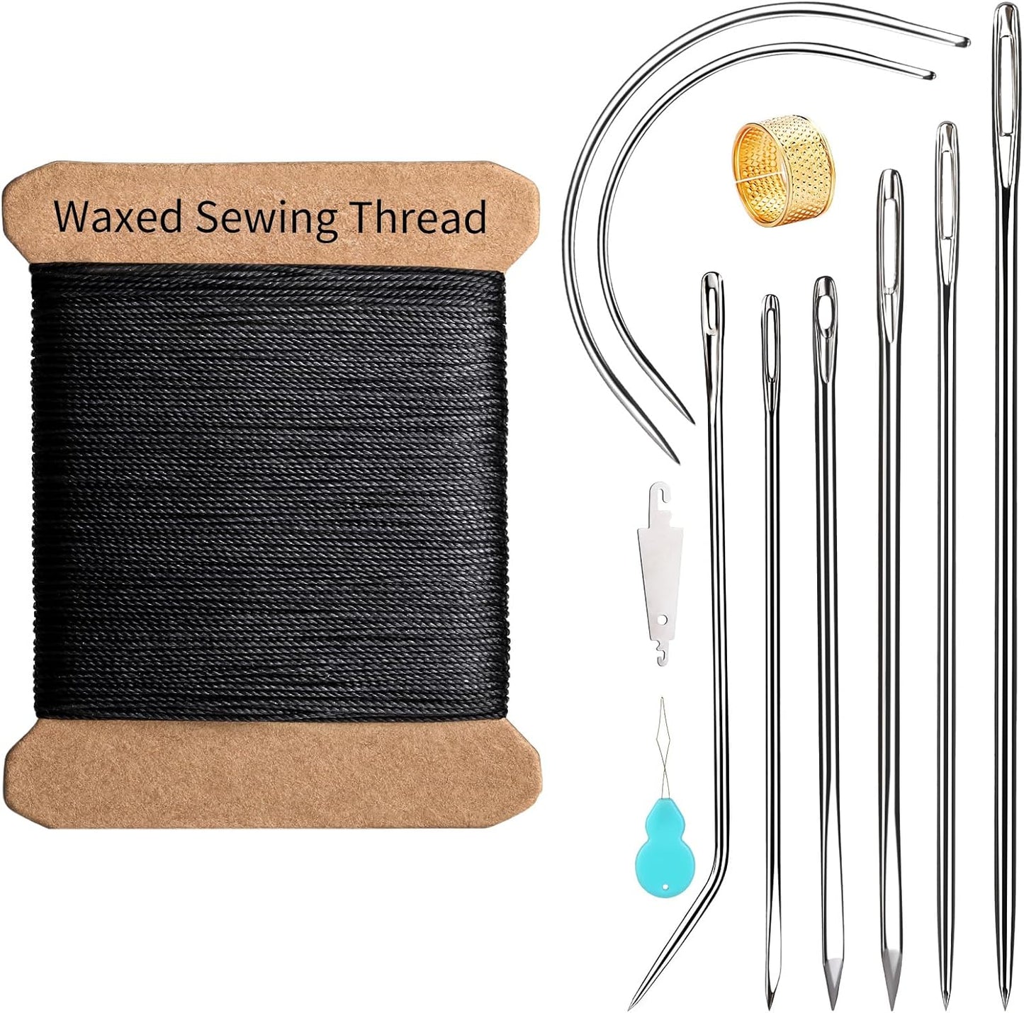 Repair Sewing Kit, Upholstery Needle with 32 Yard Waxed Thread and 8 Pcs Heavy Duty Leather Needles for Hand Stitching, Canvas & Quilting - 0.55mm Round Waxed Thread Black