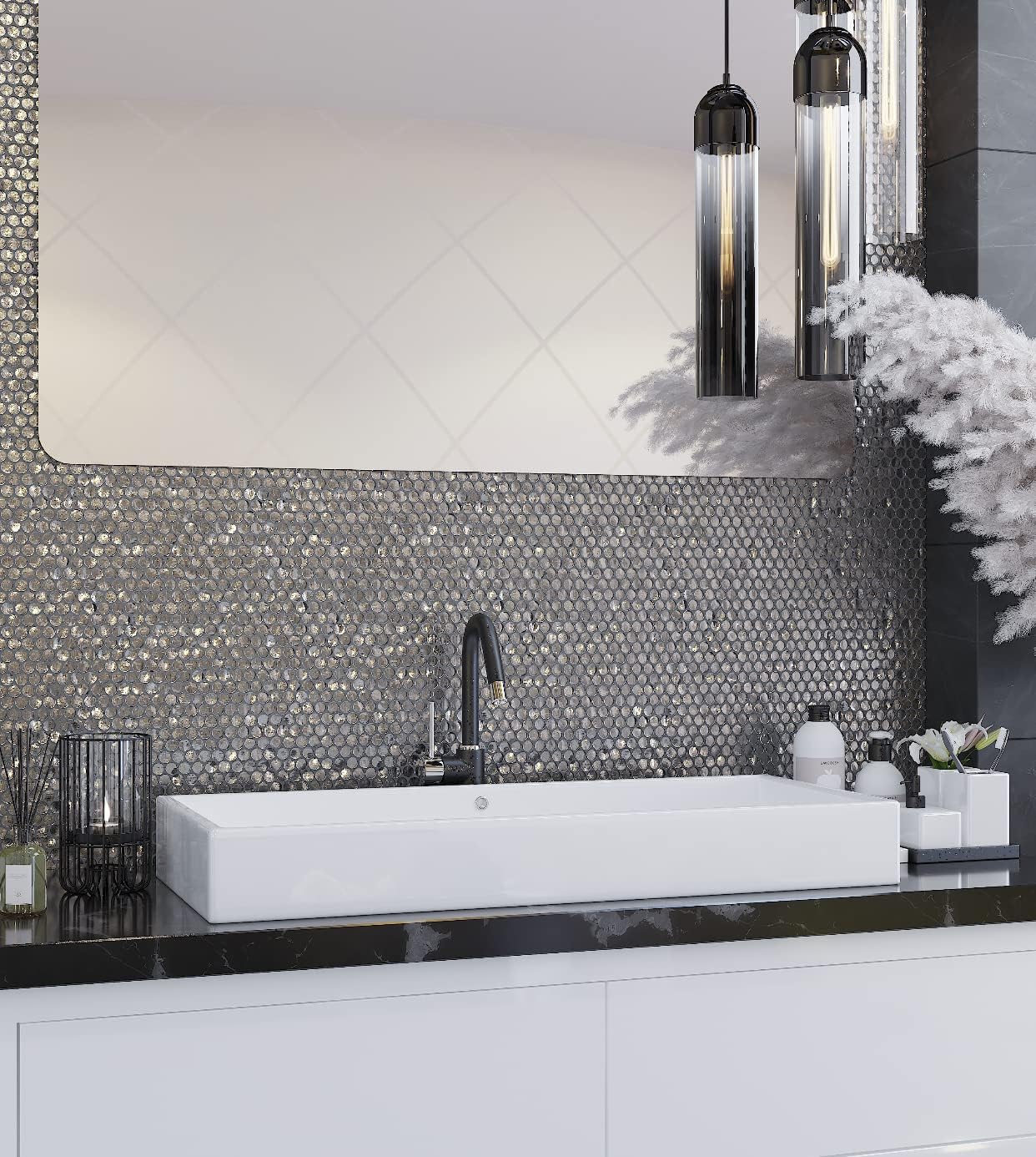 Glass Penny Round 1.03 sq ft/Piece Pack of 1,Silver Penny Round Mosaic Glass Tile – 12.2 x 12.2 Inch - Luxurious Design for Bathroom Walls, Kitchen Backsplash, Shower Walls - Elegant Wall Décor