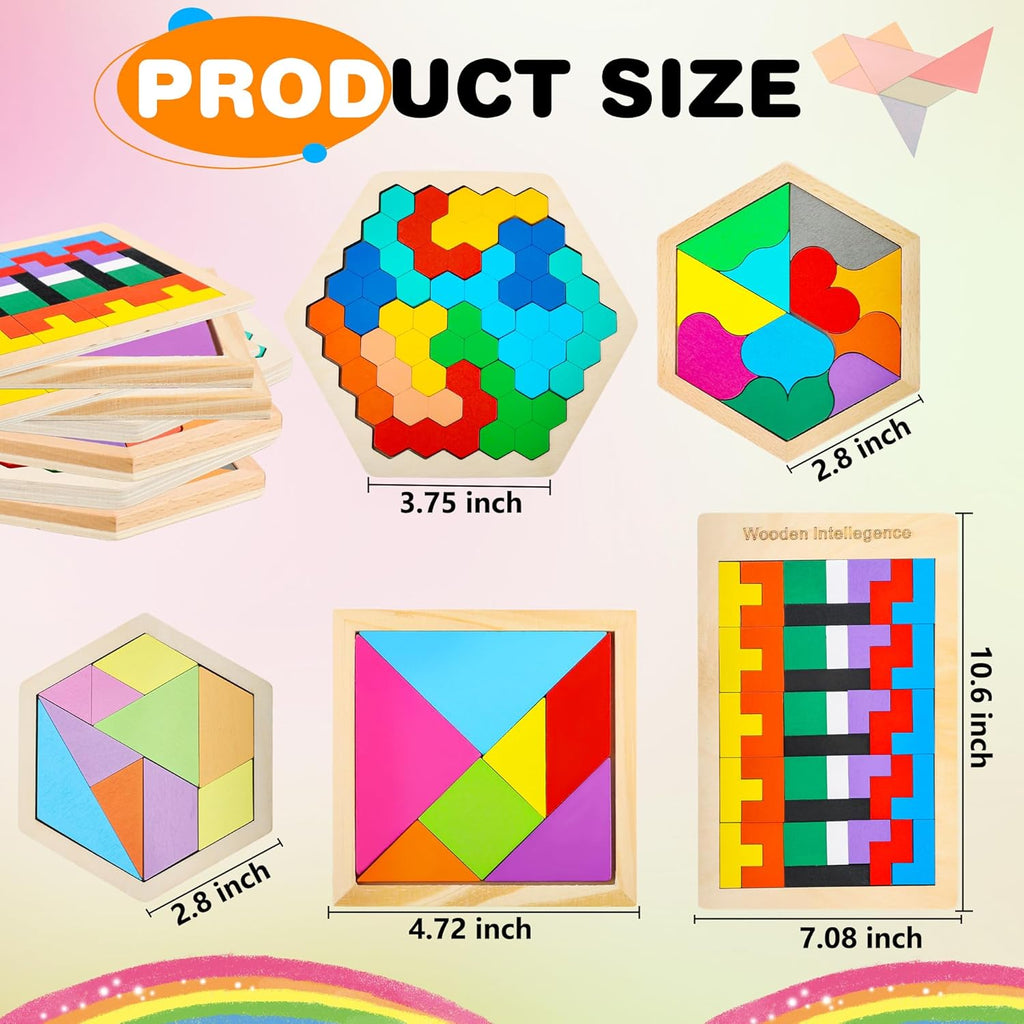 5 Pack Wooden Tangrams Puzzle Set Wooden Hexagon Puzzle Wood Russian Blocks Tangram Puzzle Brain Teaser Puzzles for Kids Adults 3D Logic Intelligence IQ Game Gift
