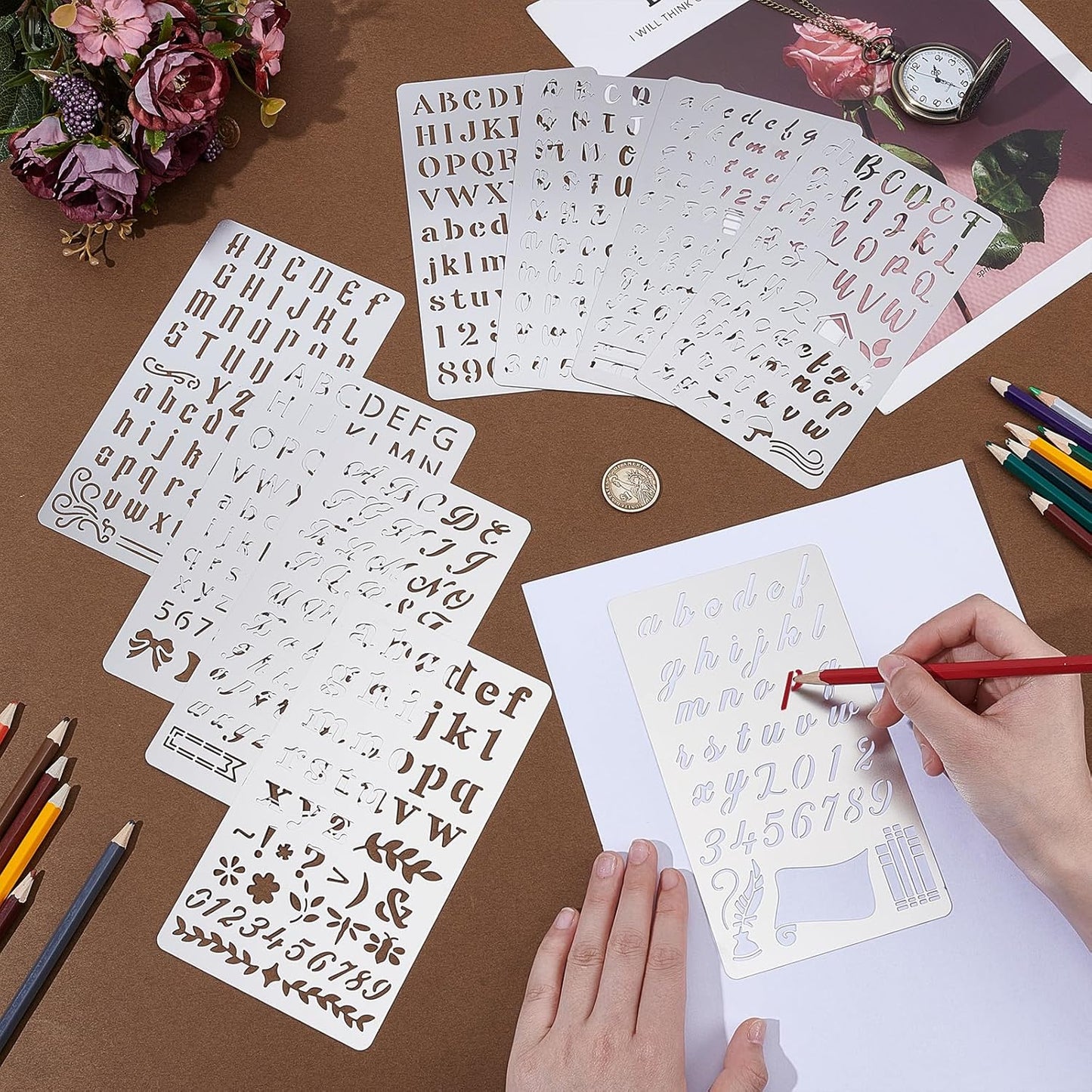 9PCS Metal Stencils Wood Burning Stencil Metal Letter Stencil Alphabet and Number Stencils for Journaling Engraving Templates for Wood Carving Drawing Scrapbooking Journal Craft DIY