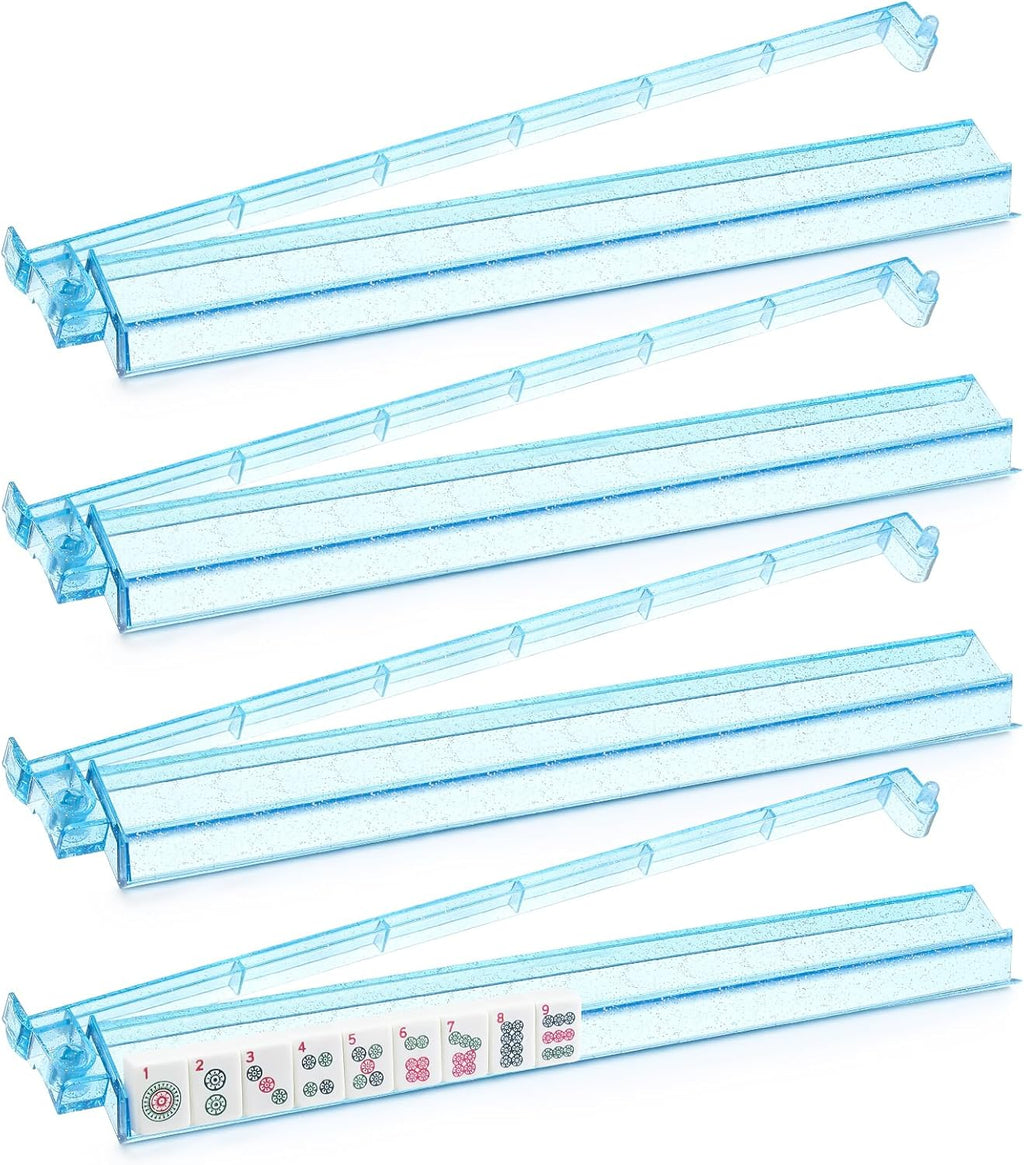Mahjong Racks with Pushers Set of 4, Mahjong Tile Pushers and Racks, Acrylic Majiang Tile Holders Accessories (Bling Blue)