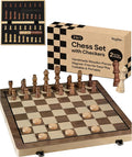 PlayVibe Wooden Chess Set 15'' & Checkers Board Games for All Players with 2 Extra Queens - Handmade Classic Wooden Chess Board, Portable & Folding Playtime Boards, Beginner & Professional Use